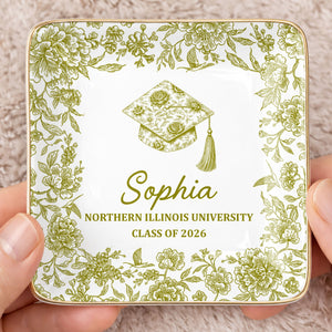 Class Of University Graduation Flowers And Graduation Cap Design - Personalized Custom Jewelry Dish, Ceramic Dish, Square Shape - GRAD441_SCRF