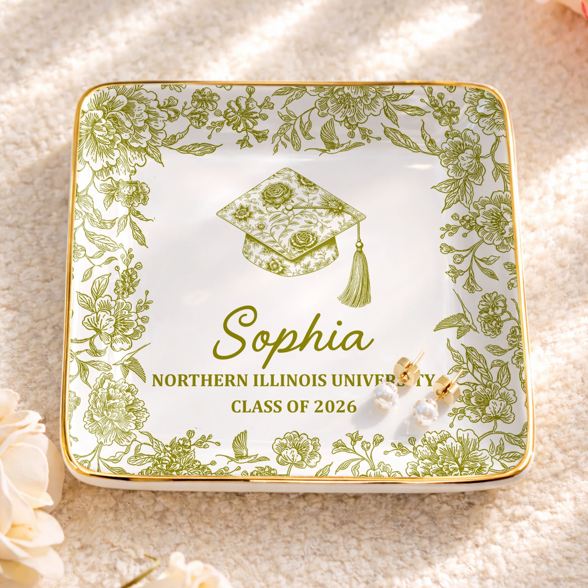 Class Of University Graduation Flowers And Graduation Cap Design - Personalized Custom Jewelry Dish, Ceramic Dish, Square Shape - GRAD441_SCRF