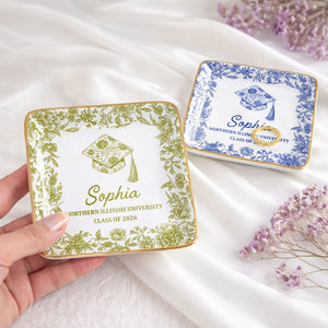 Class Of University Graduation Flowers And Graduation Cap Design - Personalized Custom Jewelry Dish, Ceramic Dish, Square Shape - GRAD441_SCRF