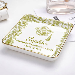 Class Of University Graduation Flowers And Graduation Cap Design - Personalized Custom Jewelry Dish, Ceramic Dish, Square Shape - GRAD441_SCRF