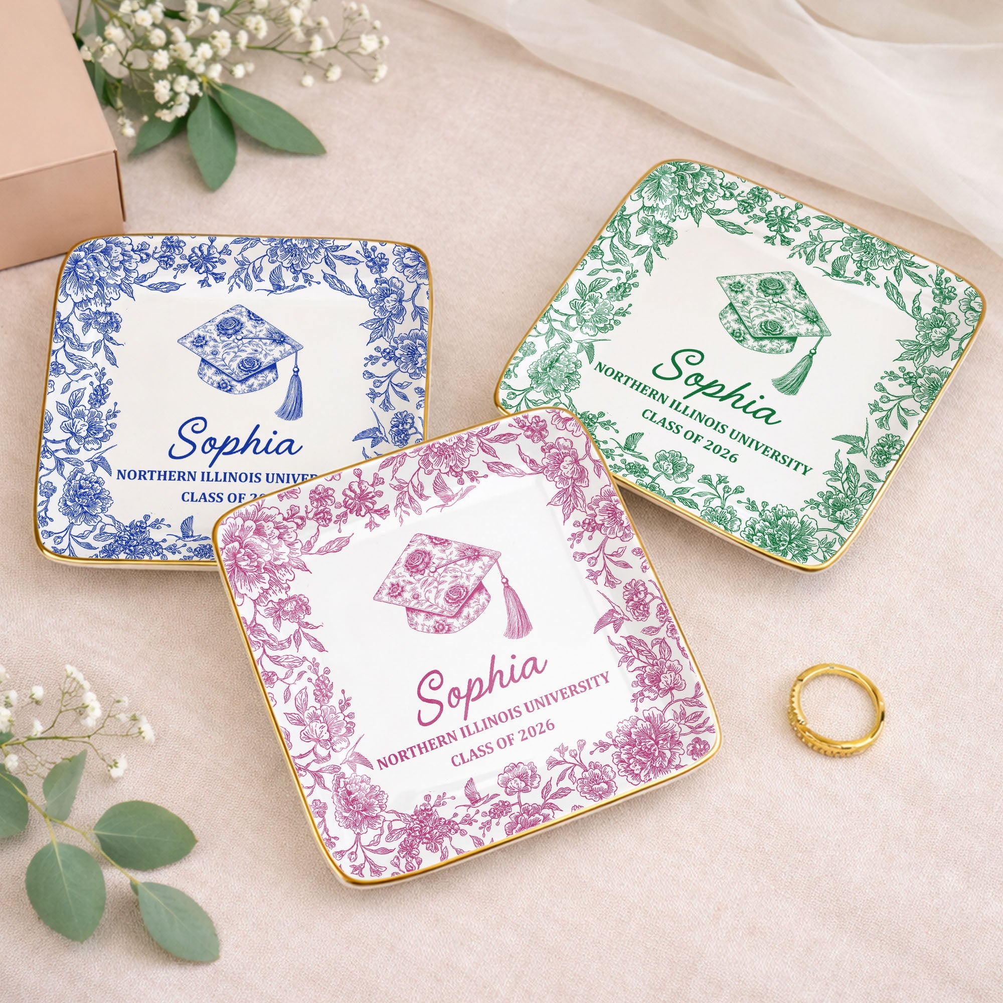 Class Of University Graduation Flowers And Graduation Cap Design - Personalized Custom Jewelry Dish, Ceramic Dish, Square Shape - GRAD441_SCRF