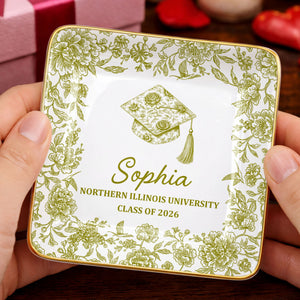 Class Of University Graduation Flowers And Graduation Cap Design - Personalized Custom Jewelry Dish, Ceramic Dish, Square Shape - GRAD441_SCRF