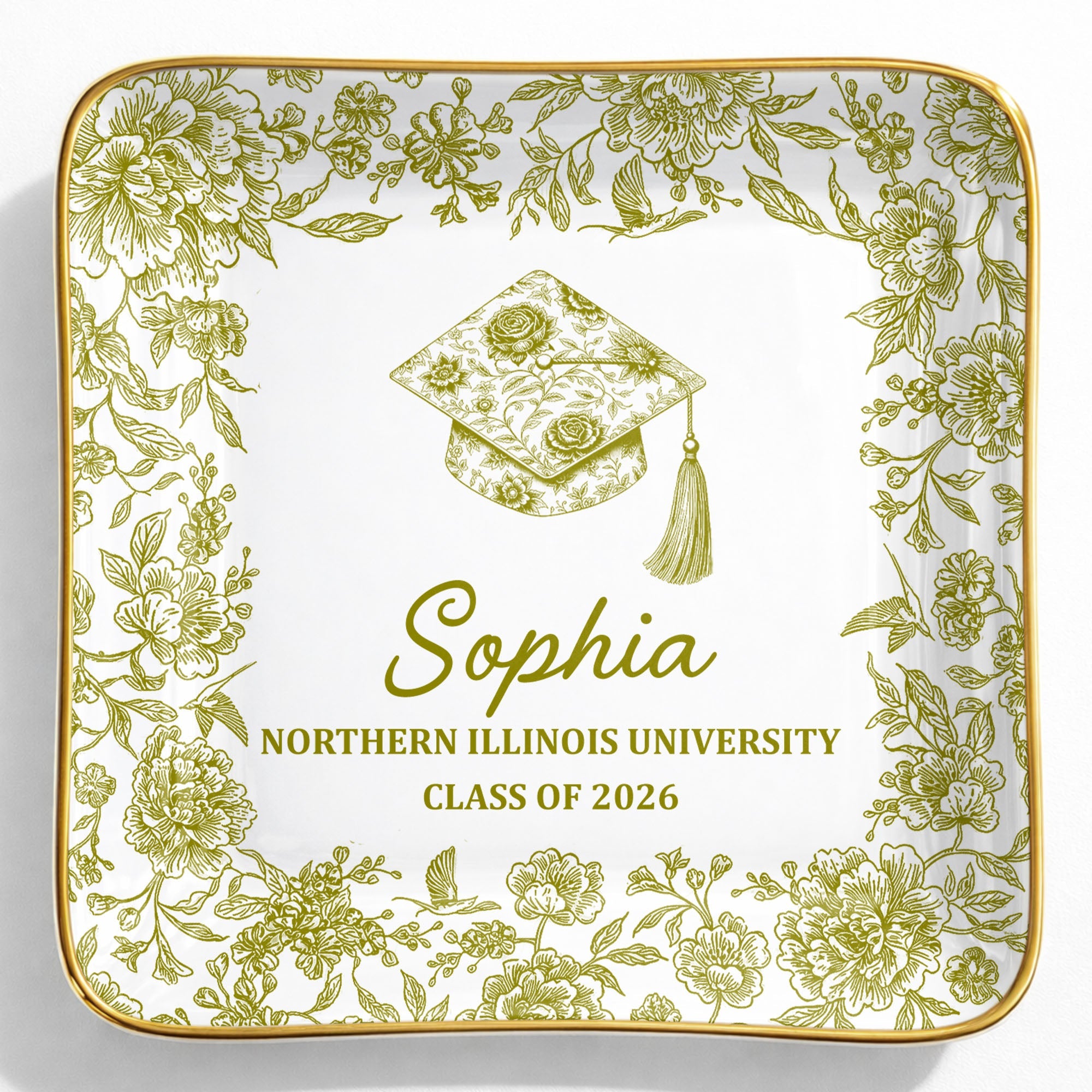 Class Of University Graduation Flowers And Graduation Cap Design - Personalized Custom Jewelry Dish, Ceramic Dish, Square Shape - GRAD441_SCRF
