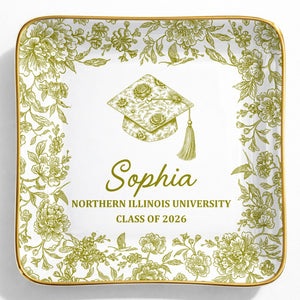 Class Of University Graduation Flowers And Graduation Cap Design - Personalized Custom Jewelry Dish, Ceramic Dish, Square Shape - GRAD441_SCRF