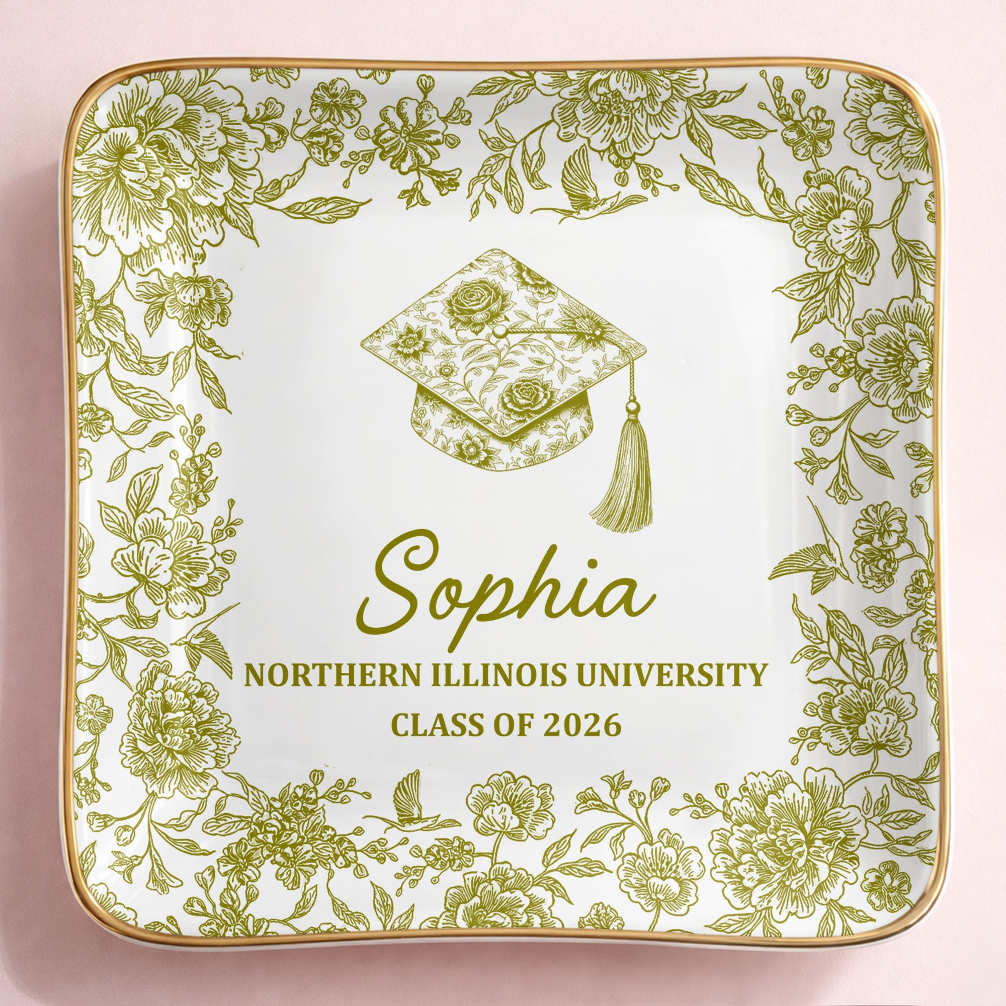 Class Of University Graduation Flowers And Graduation Cap Design - Personalized Custom Jewelry Dish, Ceramic Dish, Square Shape - GRAD441_SCRF