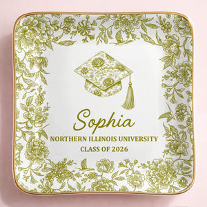 Class Of University Graduation Flowers And Graduation Cap Design - Personalized Custom Jewelry Dish, Ceramic Dish, Square Shape - GRAD441_SCRF