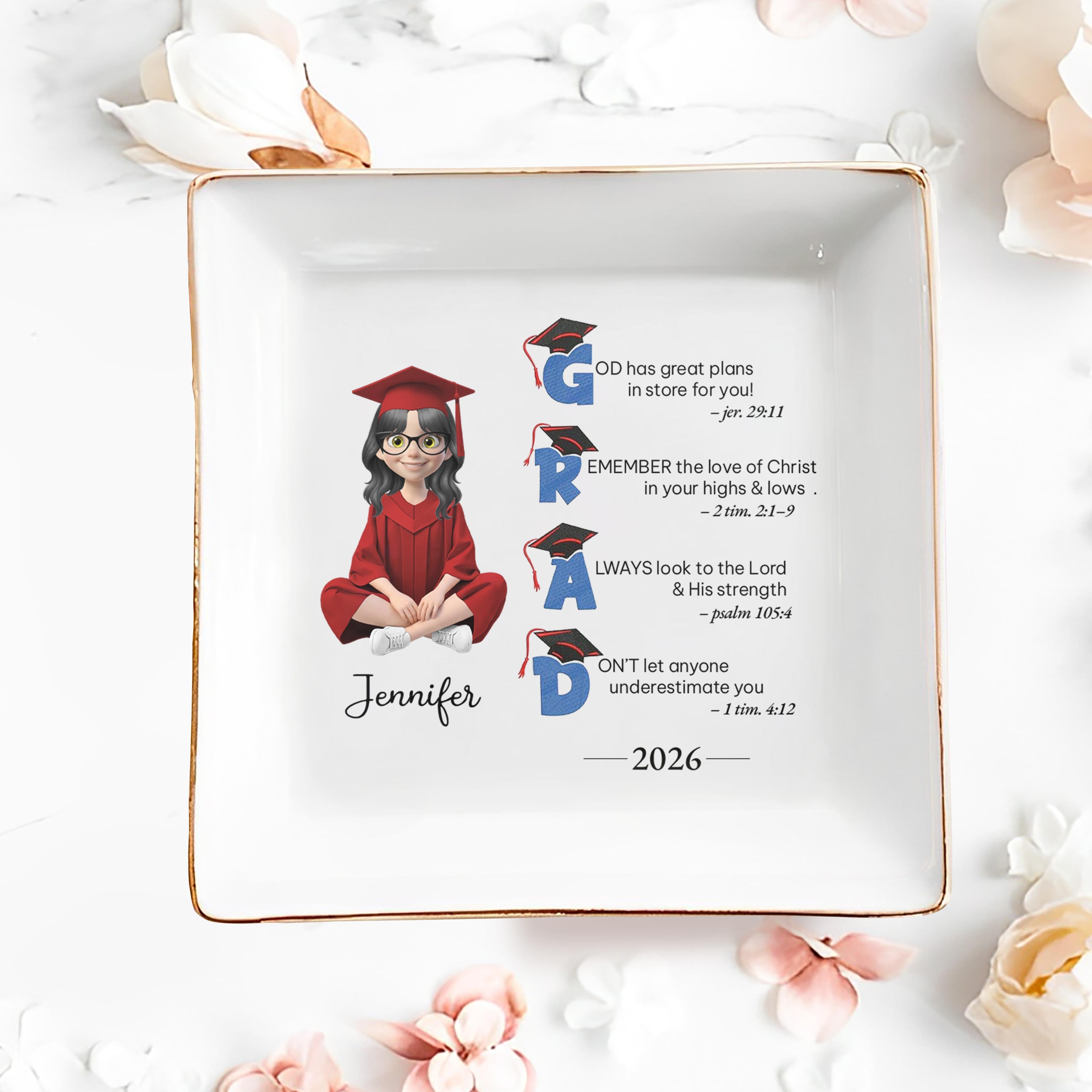 God Has Great Plans Graduation Girl With Cap And Bible Verses - Personalized Custom Jewelry Dish, Square Ceramic Dish - GRAD449_SCRD