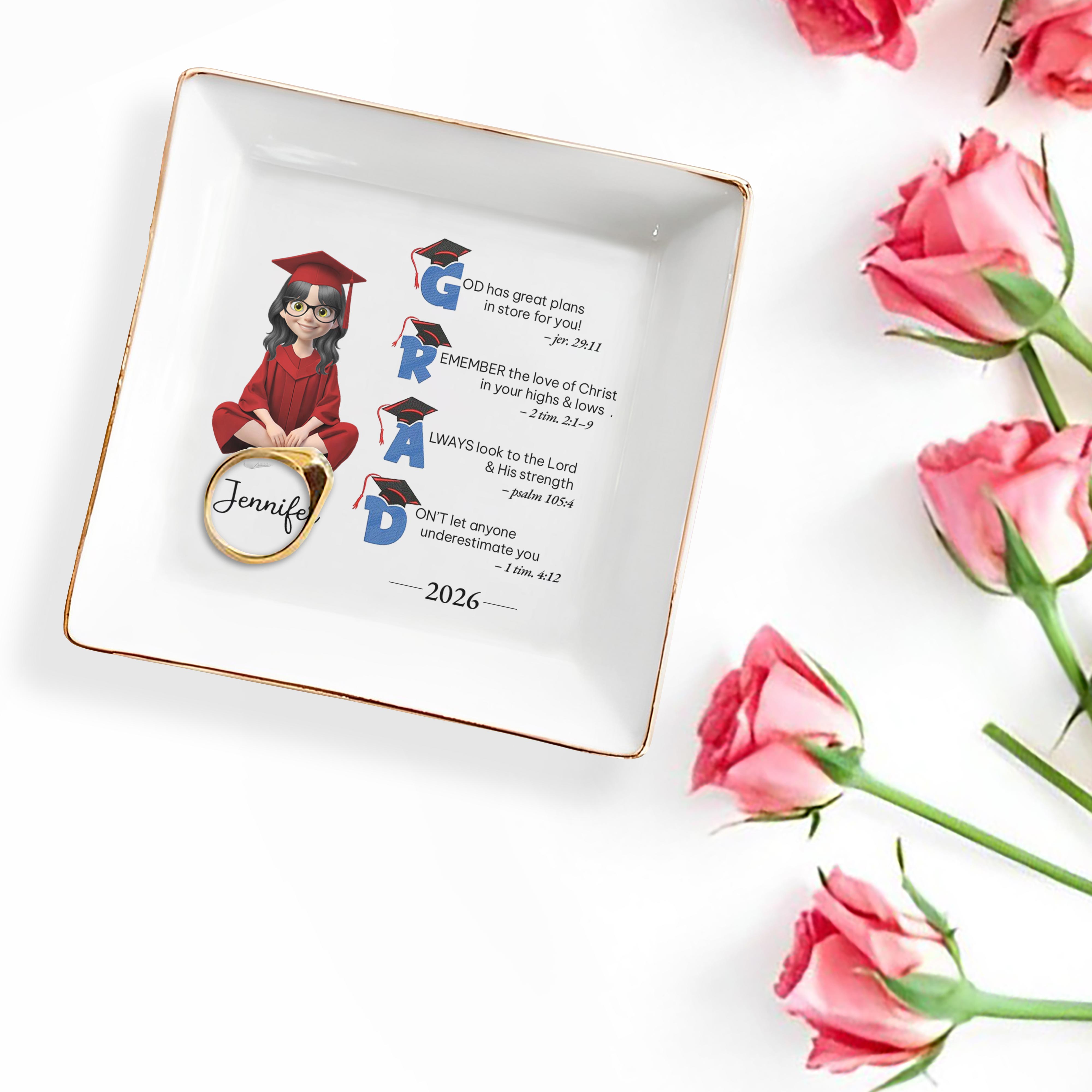 God Has Great Plans Graduation Girl With Cap And Bible Verses - Personalized Custom Jewelry Dish, Square Ceramic Dish - GRAD449_SCRD