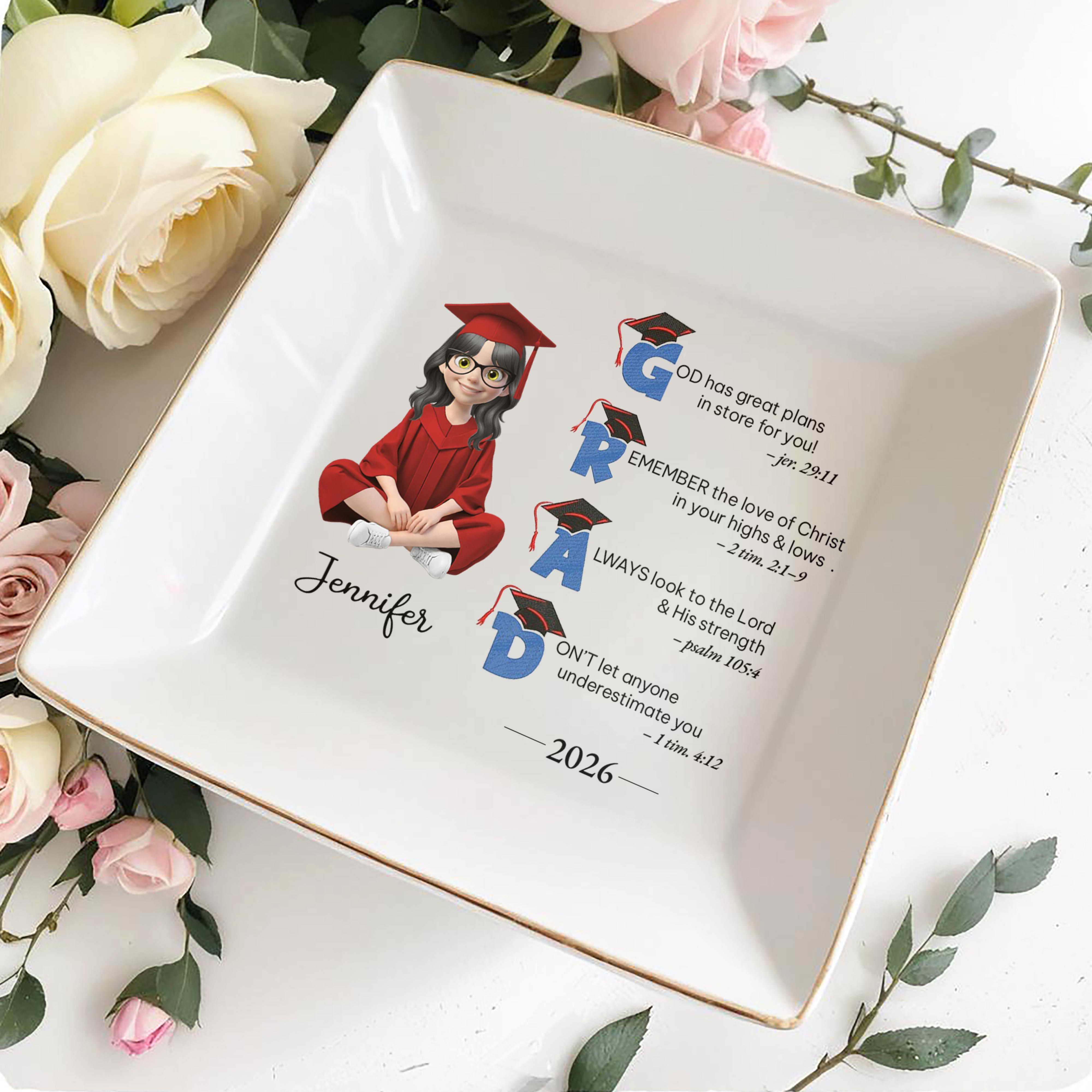 God Has Great Plans Graduation Girl With Cap And Bible Verses - Personalized Custom Jewelry Dish, Square Ceramic Dish - GRAD449_SCRD