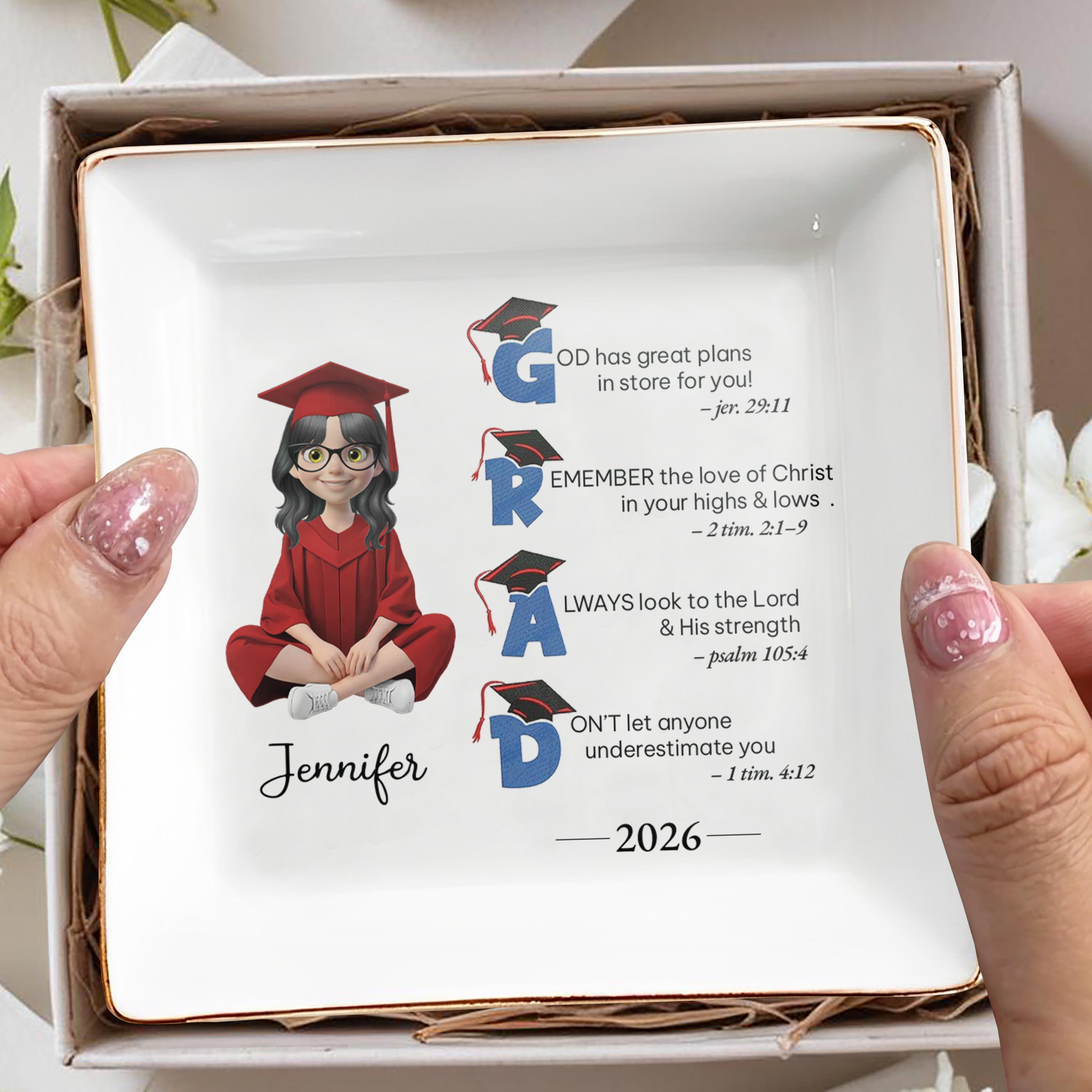 God Has Great Plans Graduation Girl With Cap And Bible Verses - Personalized Custom Jewelry Dish, Square Ceramic Dish - GRAD449_SCRD