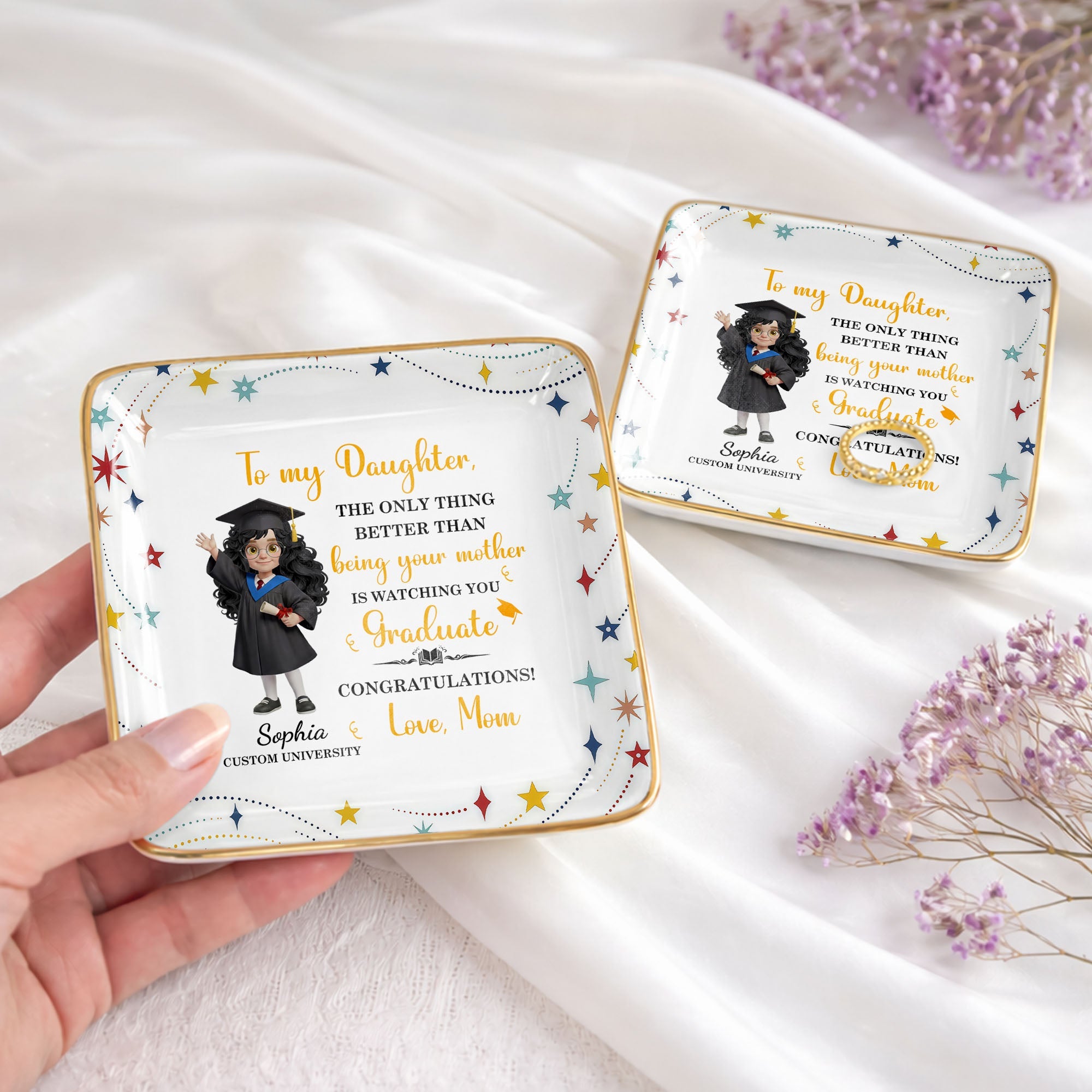 To My Daughter Watching You Graduate With Graduate Girl And Stars - Personalized Custom Jewelry Dish, Ceramic Dish, Square Shape - GRAD455_SCRF