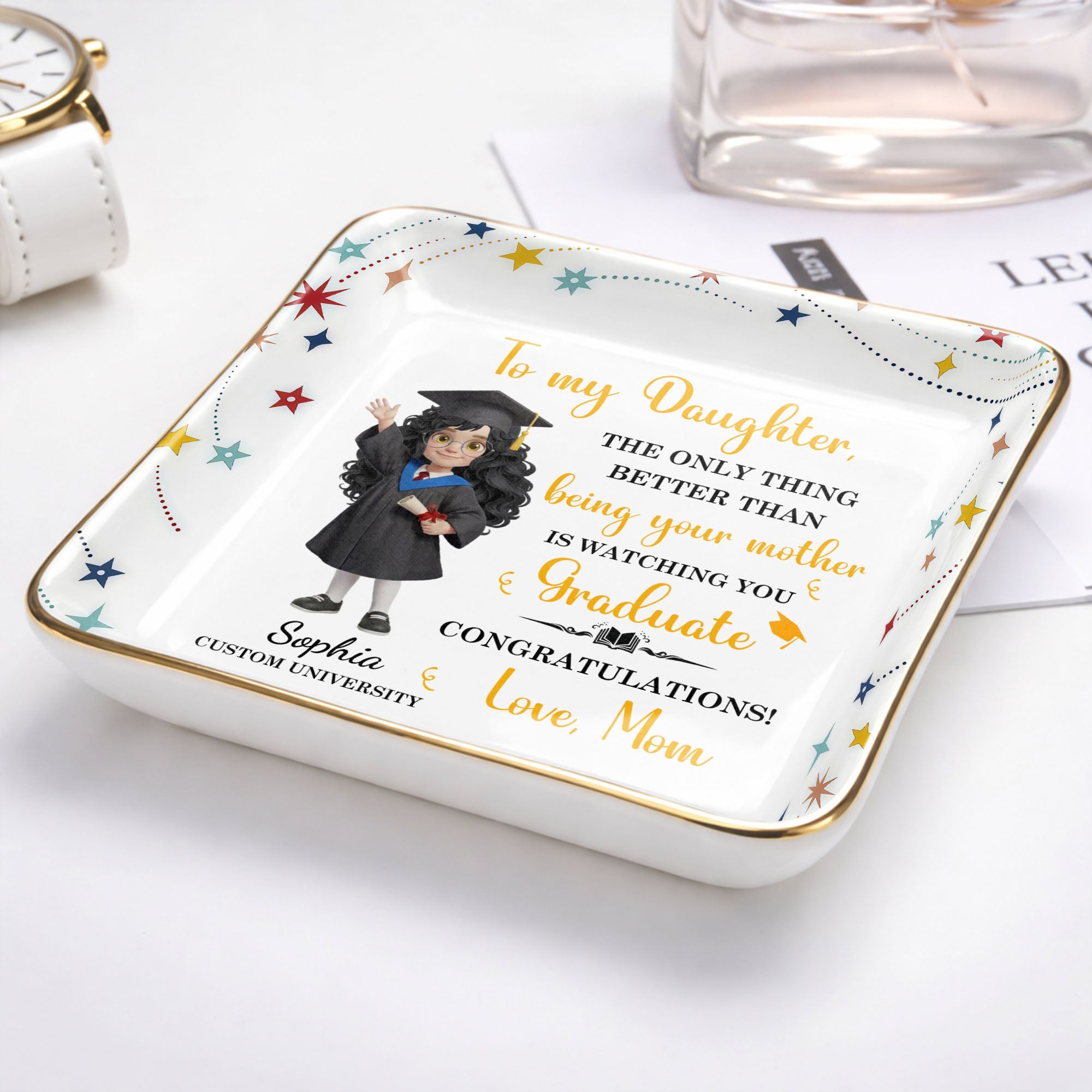 To My Daughter Watching You Graduate With Graduate Girl And Stars - Personalized Custom Jewelry Dish, Ceramic Dish, Square Shape - GRAD455_SCRF