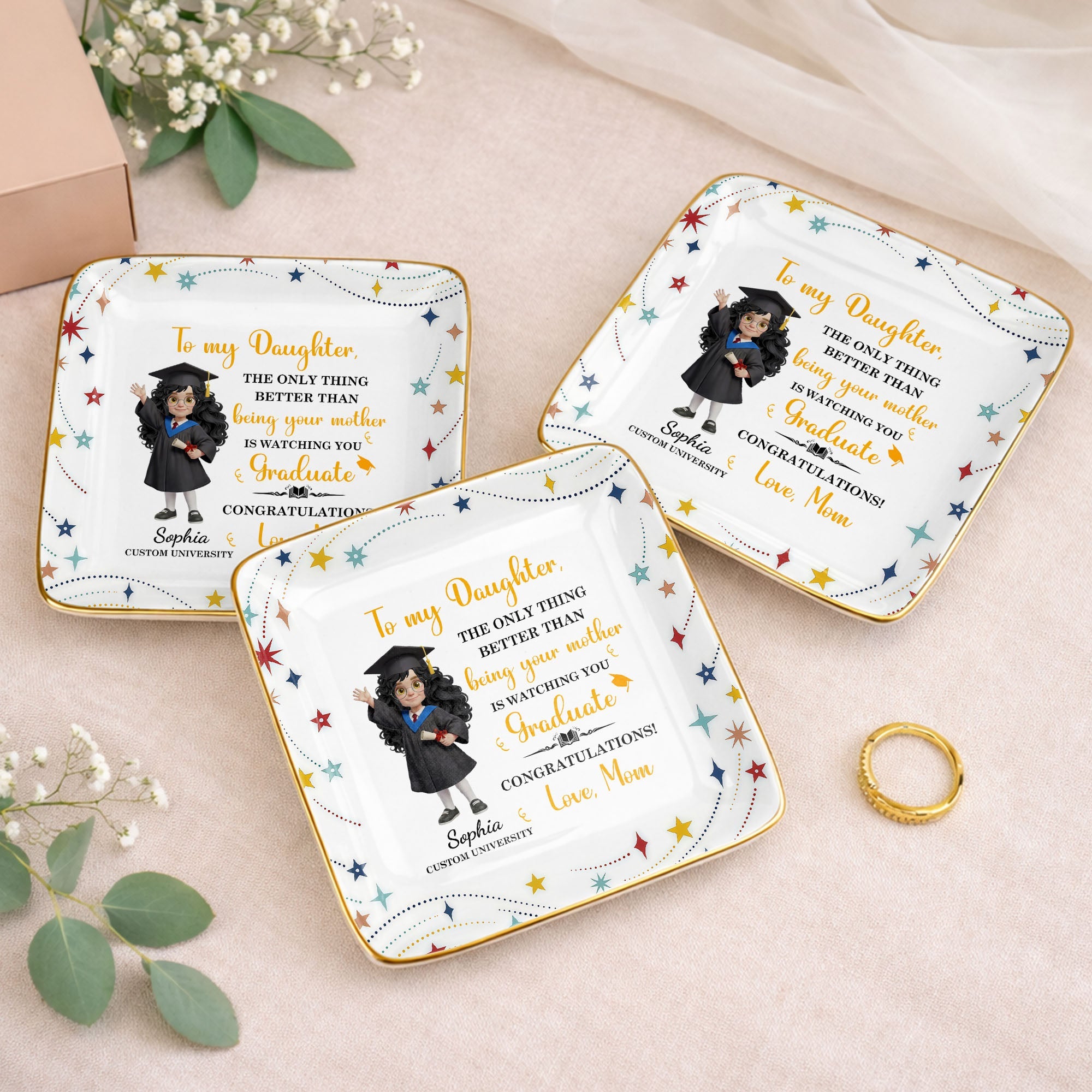 To My Daughter Watching You Graduate With Graduate Girl And Stars - Personalized Custom Jewelry Dish, Ceramic Dish, Square Shape - GRAD455_SCRF