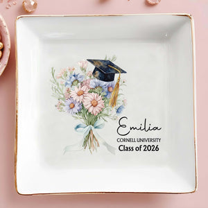 Class Of Graduate Flower Bouquet With Graduation Cap - Personalized Custom Jewelry Dish, Square Ceramic Dish - GRAD457_SCRD