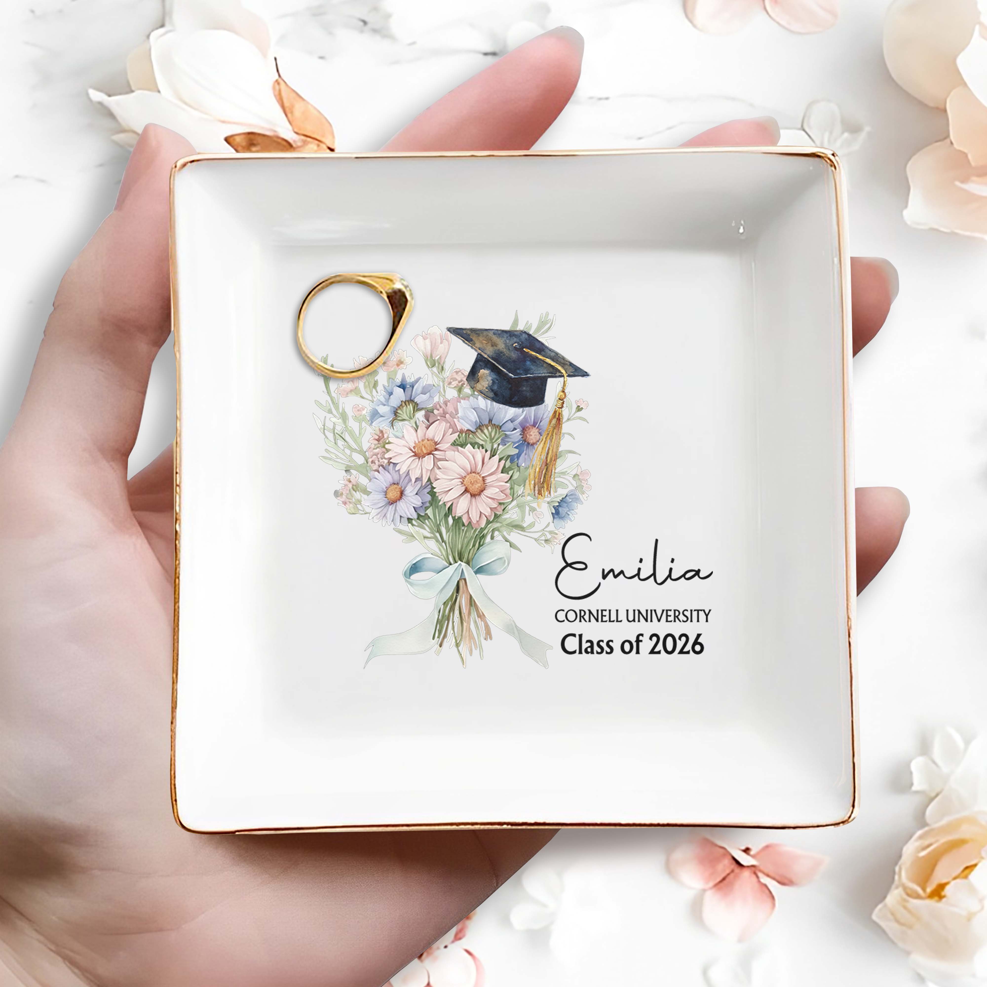 Class Of Graduate Flower Bouquet With Graduation Cap - Personalized Custom Jewelry Dish, Square Ceramic Dish - GRAD457_SCRD