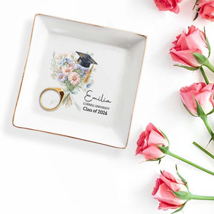 Class Of Graduate Flower Bouquet With Graduation Cap - Personalized Custom Jewelry Dish, Square Ceramic Dish - GRAD457_SCRD
