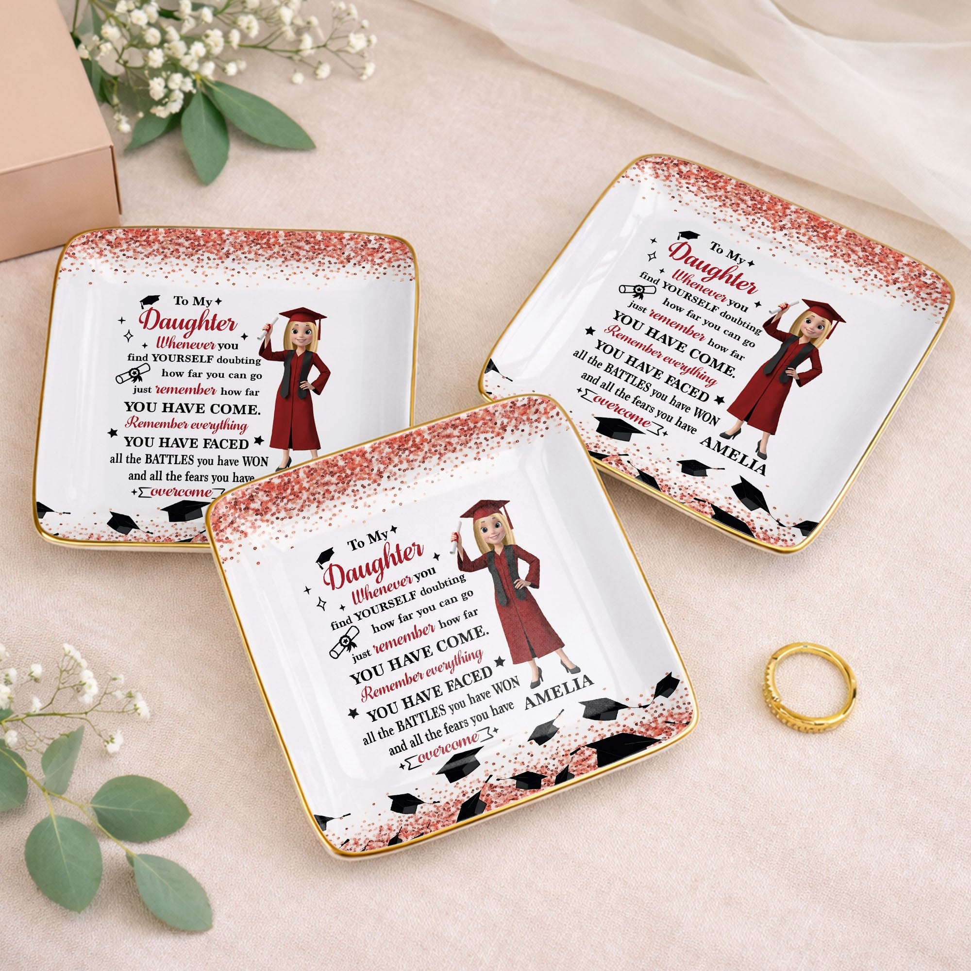 To My Daughter Whenever You Find Yourself Doubting Graduation Caps Glitter Design - Personalized Custom Jewelry Dish, Ceramic Dish, Square Shape - GRAD462_SCRF