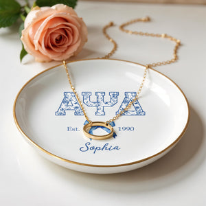 Alpha Psi Delta Est, Floral Greek Letters And Bow Ceramic Dish - Personalized Custom Jewelry Dish, Ceramic Dish, Round Shape - GRAD474_RCRF