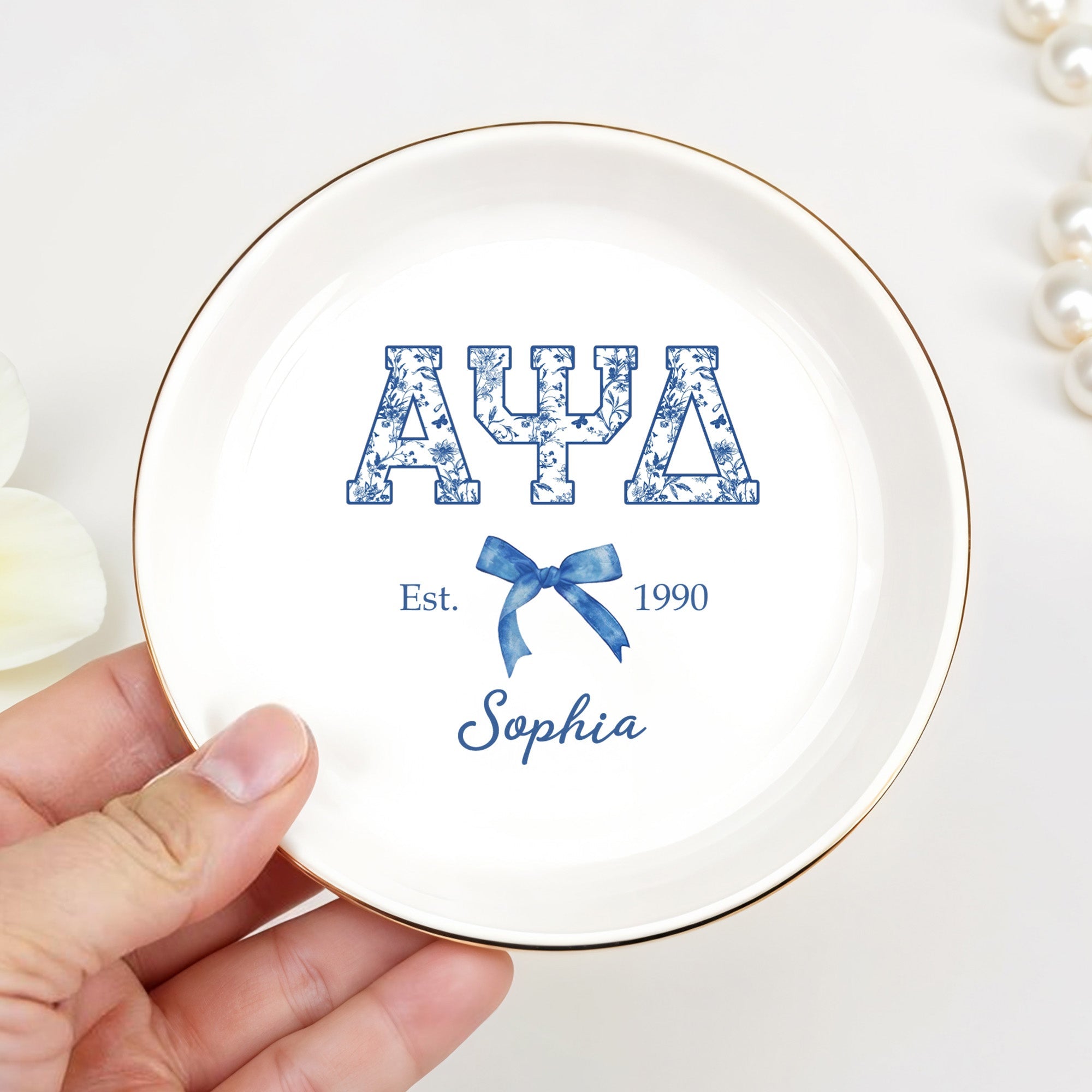 Alpha Psi Delta Est, Floral Greek Letters And Bow Ceramic Dish - Personalized Custom Jewelry Dish, Ceramic Dish, Round Shape - GRAD474_RCRF