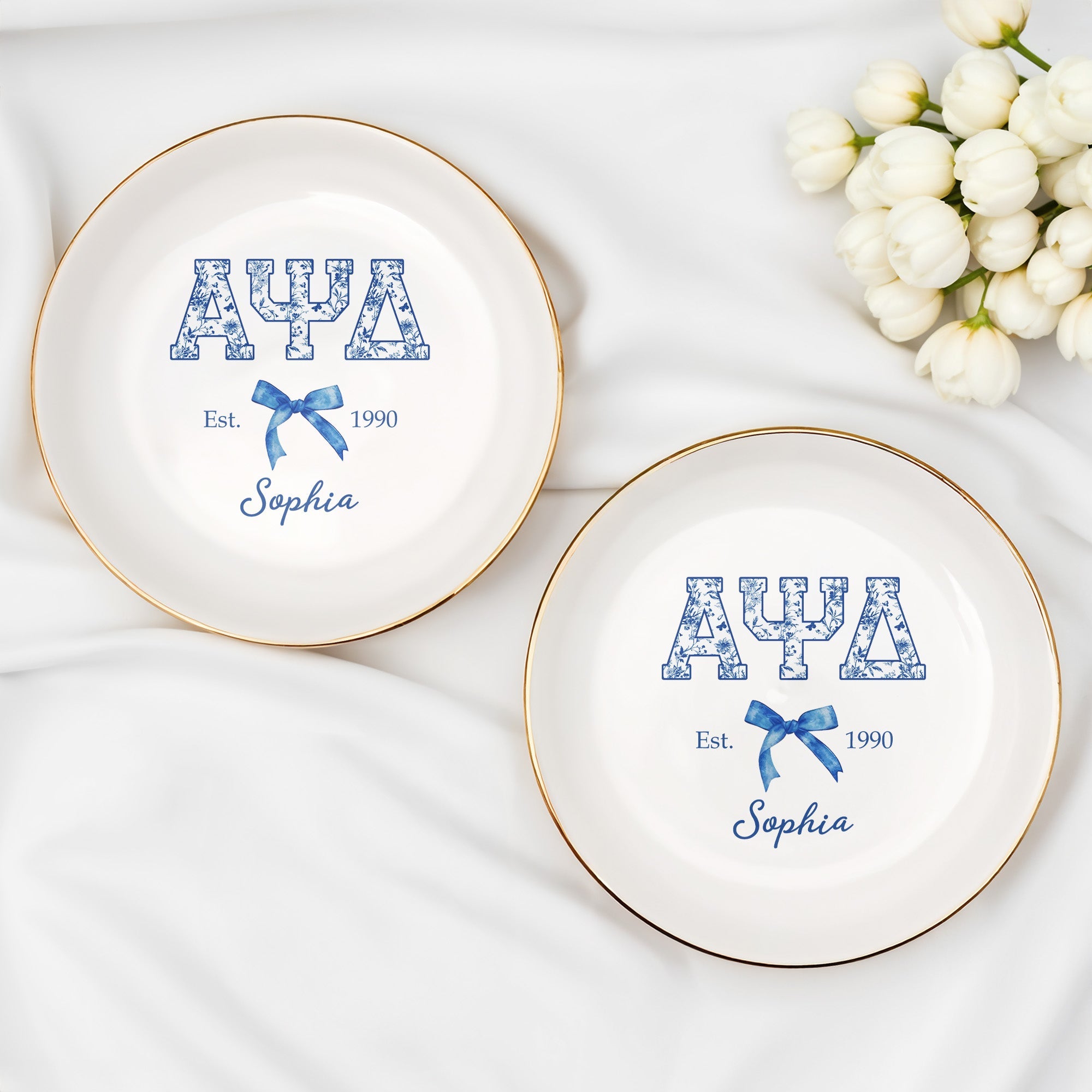 Alpha Psi Delta Est, Floral Greek Letters And Bow Ceramic Dish - Personalized Custom Jewelry Dish, Ceramic Dish, Round Shape - GRAD474_RCRF