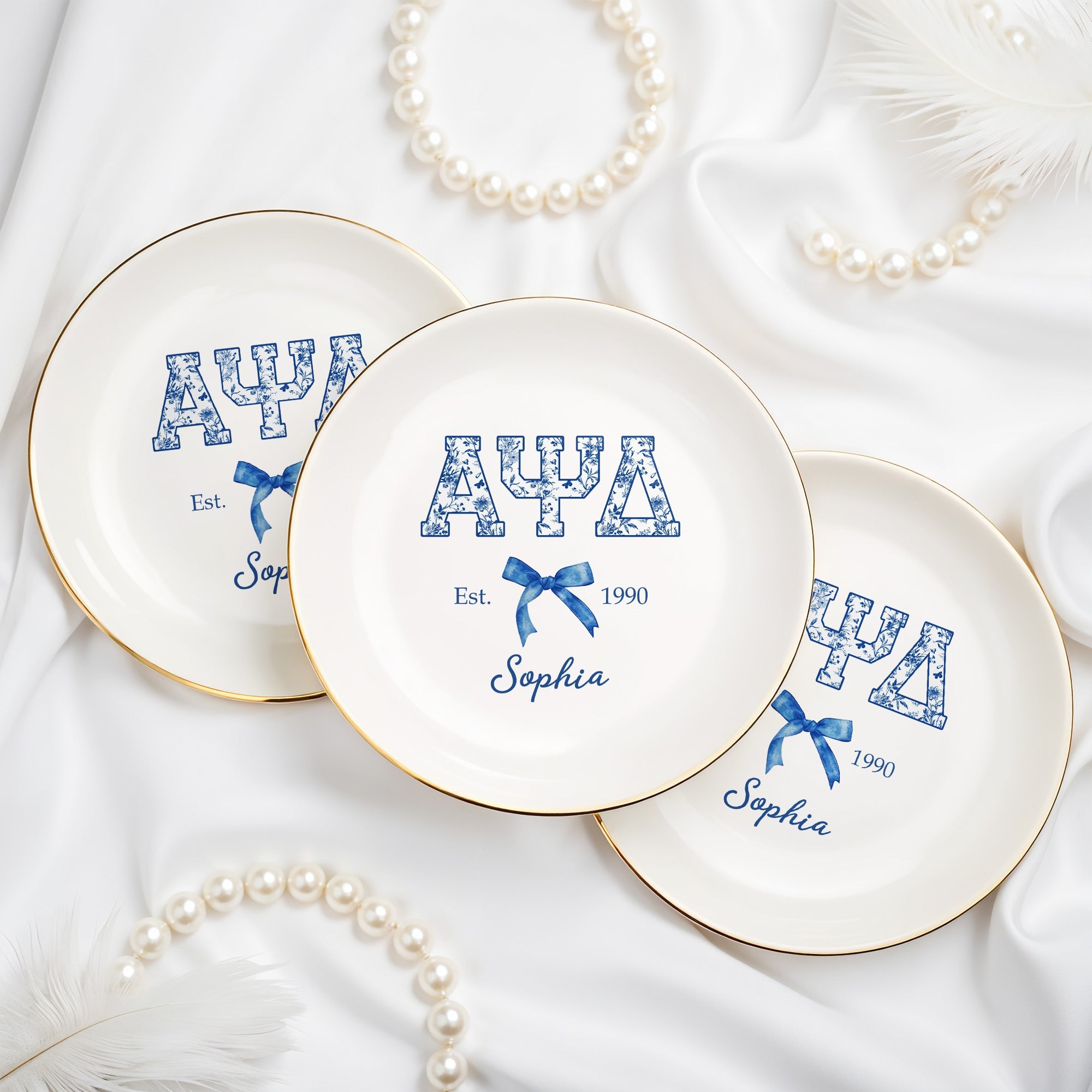 Alpha Psi Delta Est, Floral Greek Letters And Bow Ceramic Dish - Personalized Custom Jewelry Dish, Ceramic Dish, Round Shape - GRAD474_RCRF