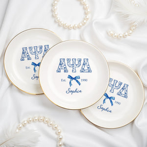 Alpha Psi Delta Est, Floral Greek Letters And Bow Ceramic Dish - Personalized Custom Jewelry Dish, Ceramic Dish, Round Shape - GRAD474_RCRF