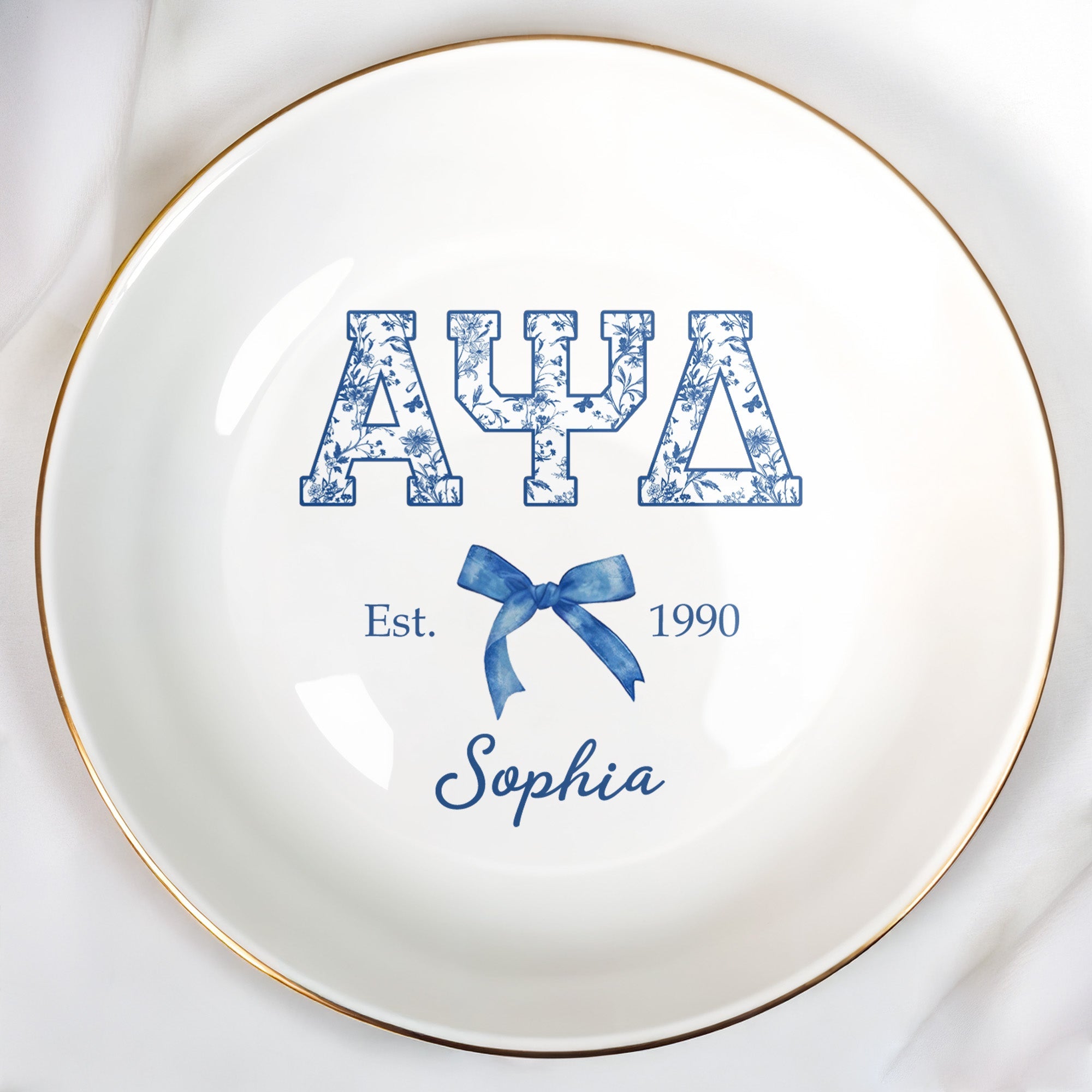 Alpha Psi Delta Est, Floral Greek Letters And Bow Ceramic Dish - Personalized Custom Jewelry Dish, Ceramic Dish, Round Shape - GRAD474_RCRF