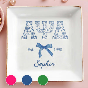 Greek Letters Floral Pattern And Ribbon Bow Est - Personalized Custom Jewelry Dish, Square Ceramic Dish - GRAD474_SCRD