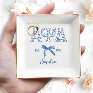 Greek Letters Floral Pattern And Ribbon Bow Est - Personalized Custom Jewelry Dish, Square Ceramic Dish - GRAD474_SCRD
