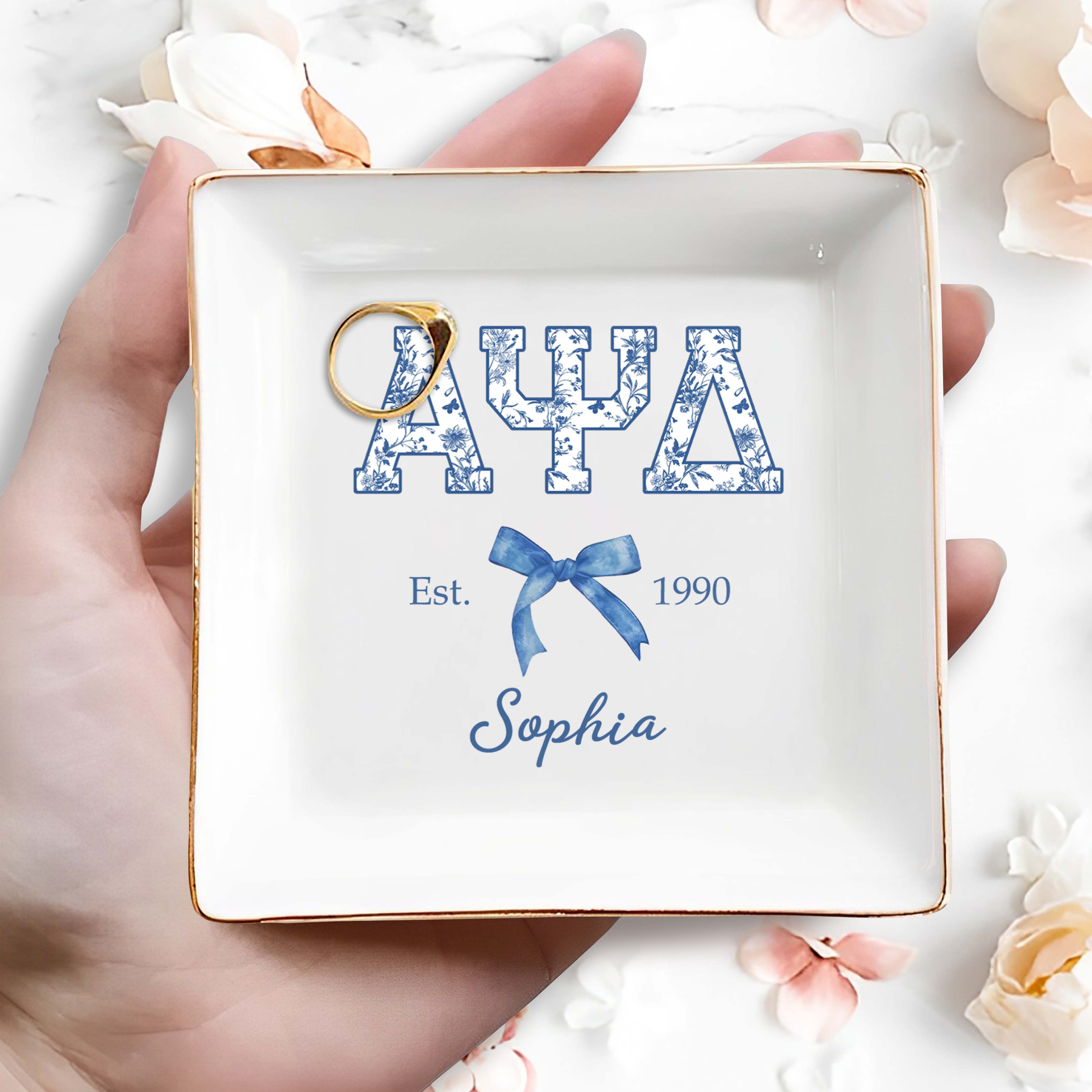Greek Letters Floral Pattern And Ribbon Bow Est - Personalized Custom Jewelry Dish, Square Ceramic Dish - GRAD474_SCRD