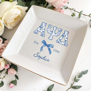 Greek Letters Floral Pattern And Ribbon Bow Est - Personalized Custom Jewelry Dish, Square Ceramic Dish - GRAD474_SCRD