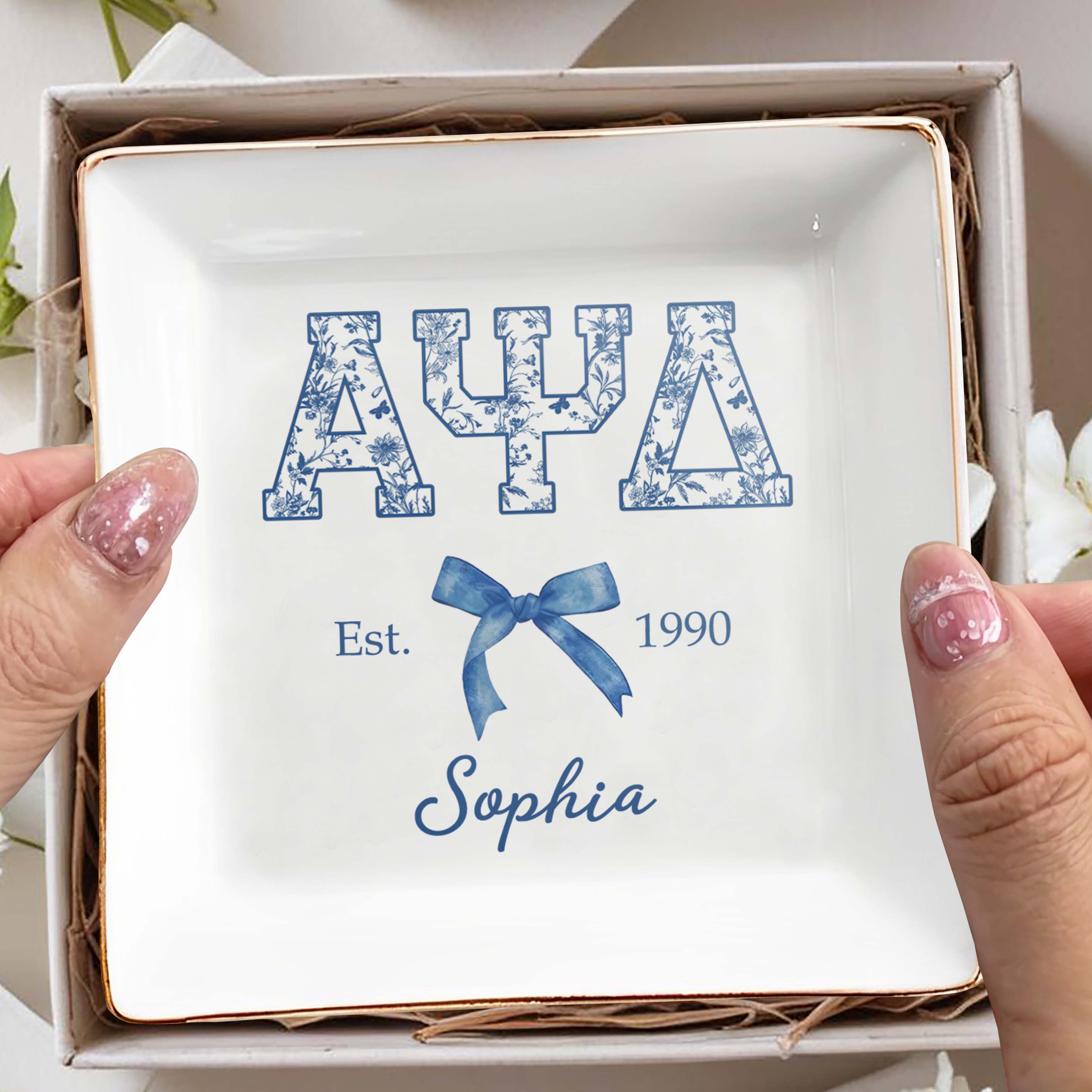 Greek Letters Floral Pattern And Ribbon Bow Est - Personalized Custom Jewelry Dish, Square Ceramic Dish - GRAD474_SCRD