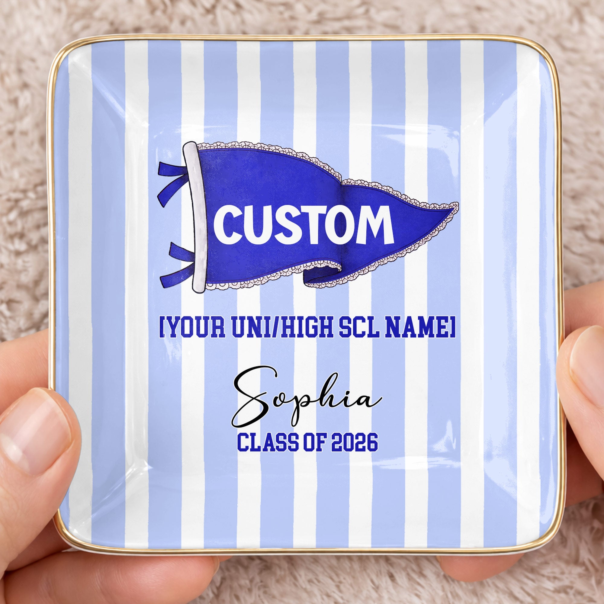 University Class Of Graduation Pennant Flag Striped Design - Personalized Custom Jewelry Dish, Ceramic Dish, Square Shape - GRAD477_SCRF