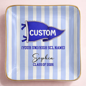 University Class Of Graduation Pennant Flag Striped Design - Personalized Custom Jewelry Dish, Ceramic Dish, Square Shape - GRAD477_SCRF