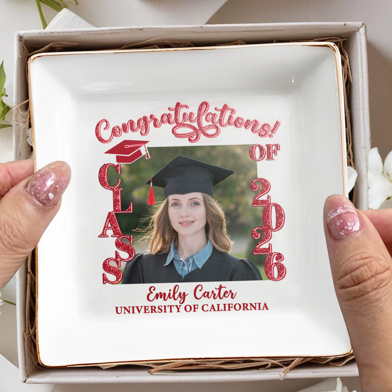 Congratulations Class Of Custom Photo And Graduation Cap - Personalized Custom Jewelry Dish, Square Ceramic Dish - GRAD479_SCRD