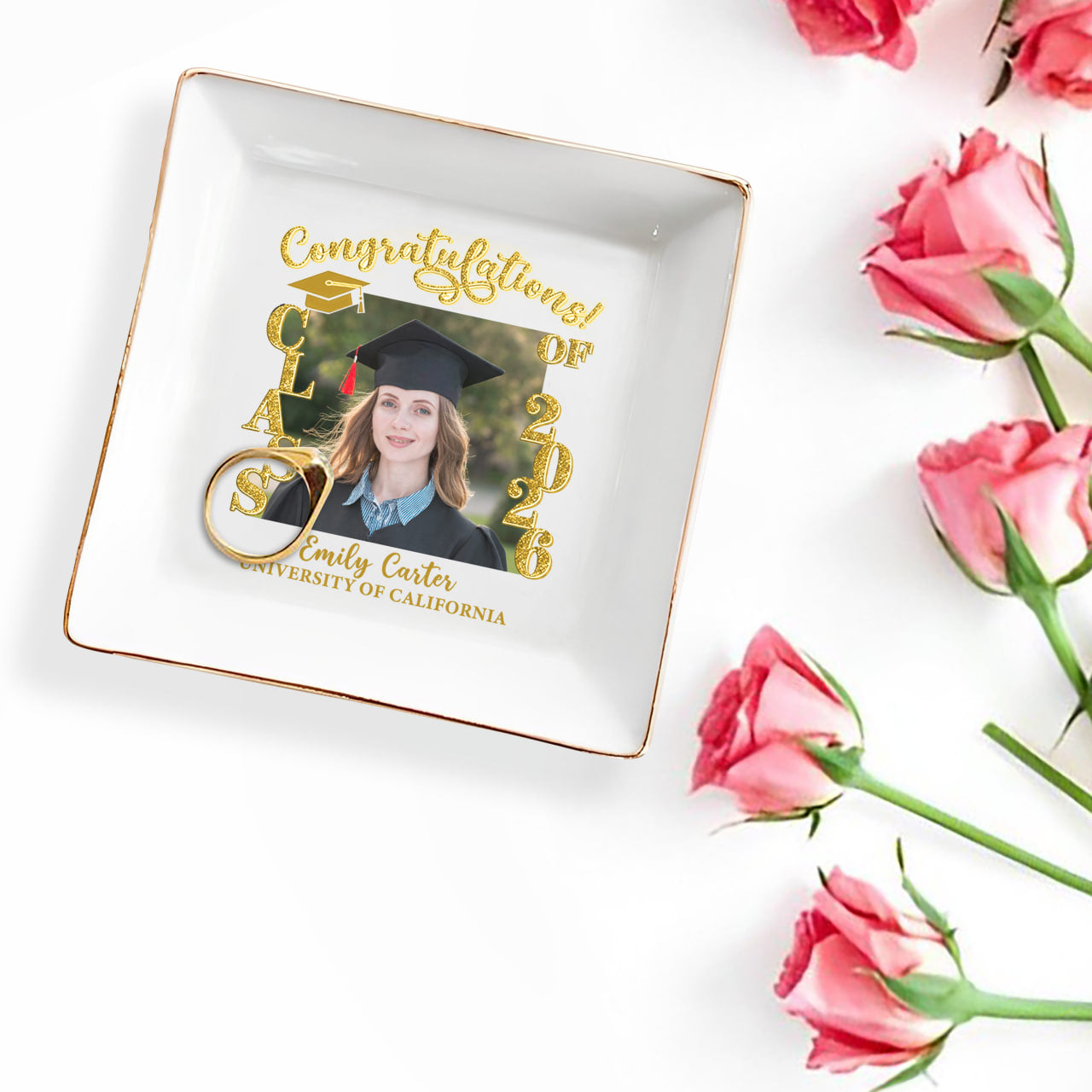 Congratulations Class Of Custom Photo And Graduation Cap - Personalized Custom Jewelry Dish, Square Ceramic Dish - GRAD479_SCRD
