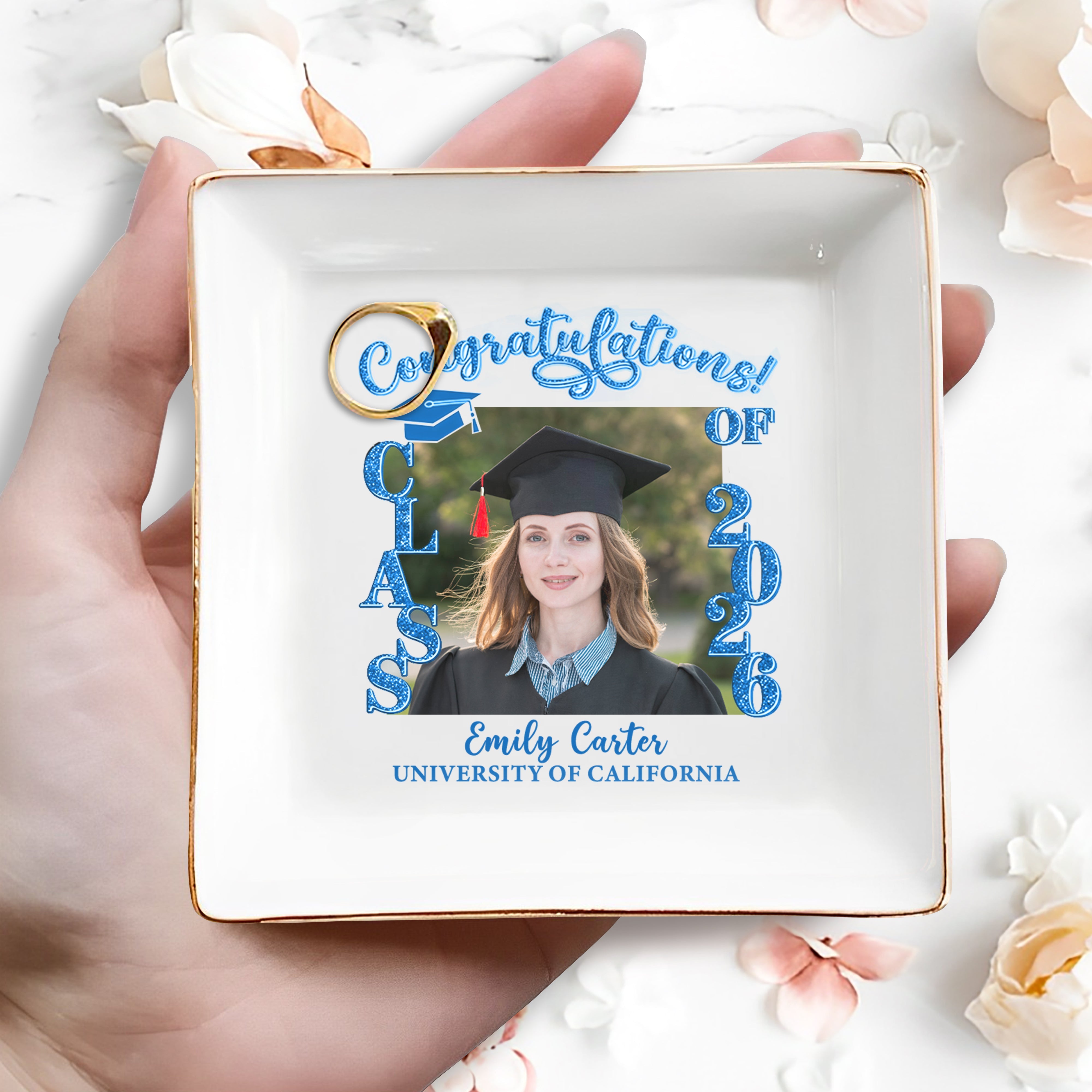 Congratulations Class Of Custom Photo And Graduation Cap - Personalized Custom Jewelry Dish, Square Ceramic Dish - GRAD479_SCRD