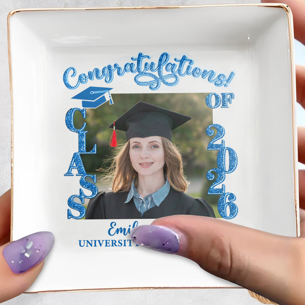 Congratulations Class Of Custom Photo And Graduation Cap - Personalized Custom Jewelry Dish, Square Ceramic Dish - GRAD479_SCRD