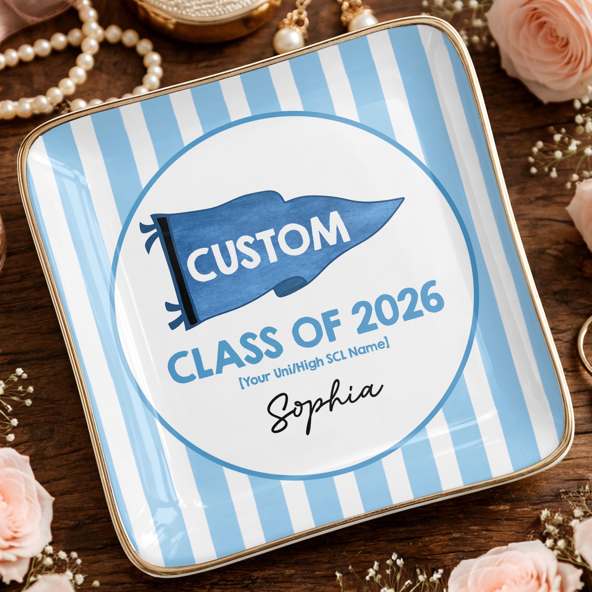 Class Of University Of California Los Angeles Pennant And Stripes - Personalized Custom Jewelry Dish, Ceramic Dish, Square Shape - GRAD483_SCRF