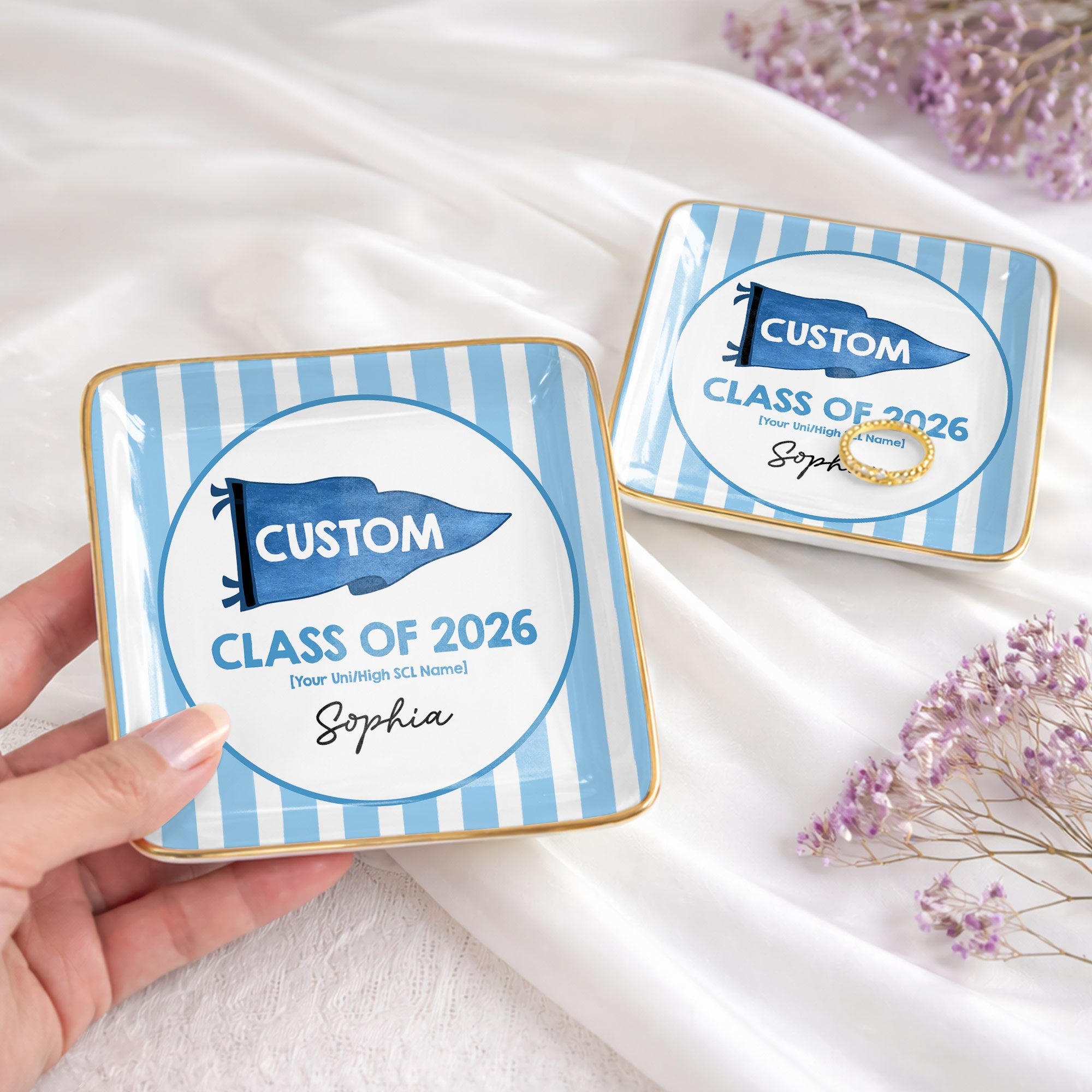Class Of University Of California Los Angeles Pennant And Stripes - Personalized Custom Jewelry Dish, Ceramic Dish, Square Shape - GRAD483_SCRF