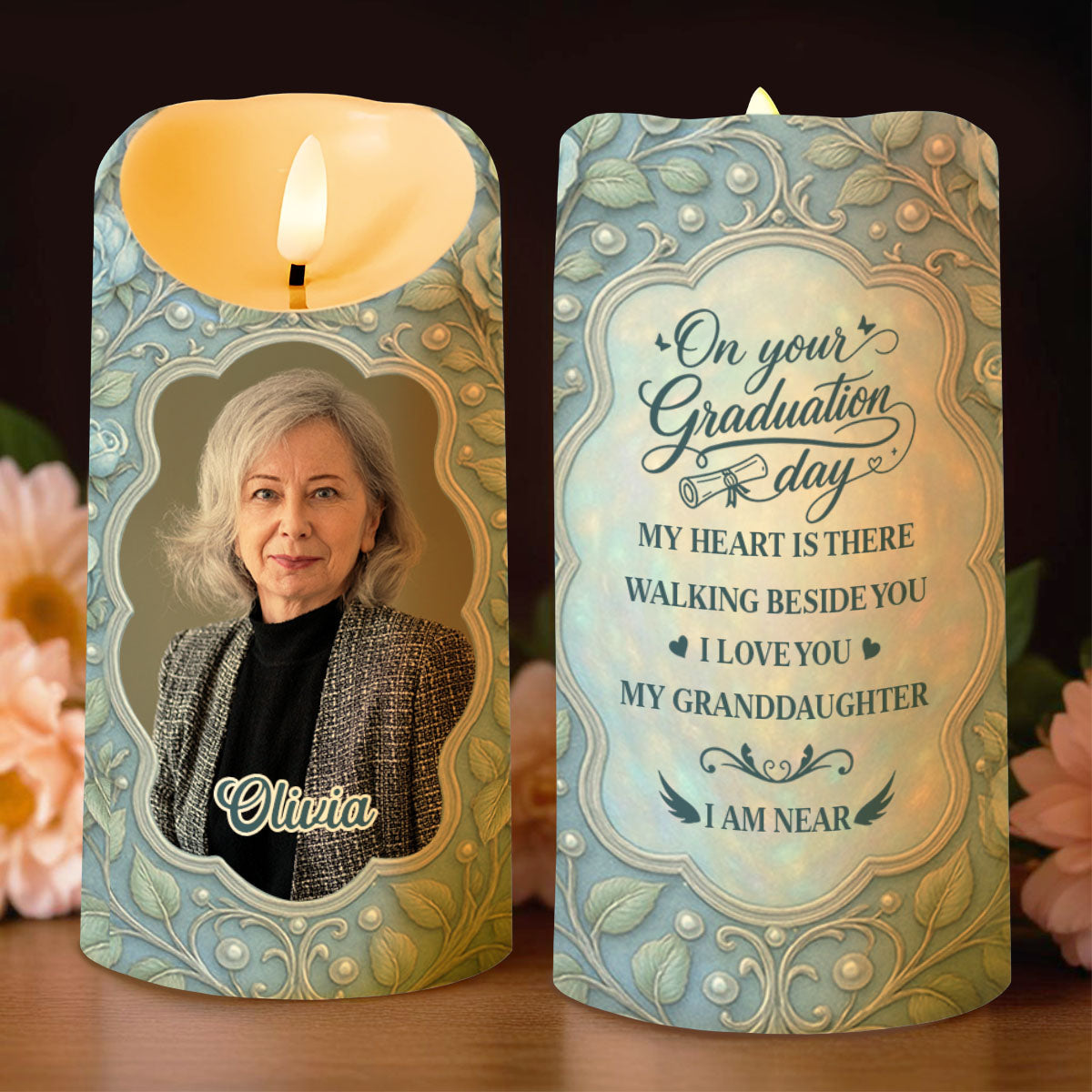 On Your Graduation Day My Heart Is There With Flowers And Photo - Personalized Custom LED Candle - GRAD486_LECA