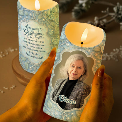 On Your Graduation Day My Heart Is There With Flowers And Photo - Personalized Custom LED Candle - GRAD486_LECA