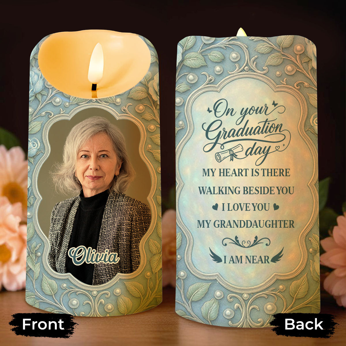 On Your Graduation Day My Heart Is There With Flowers And Photo - Personalized Custom LED Candle - GRAD486_LECA
