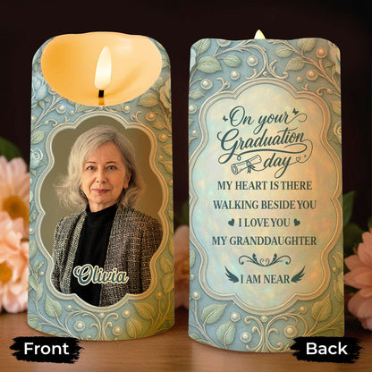 On Your Graduation Day My Heart Is There With Flowers And Photo - Personalized Custom LED Candle - GRAD486_LECA
