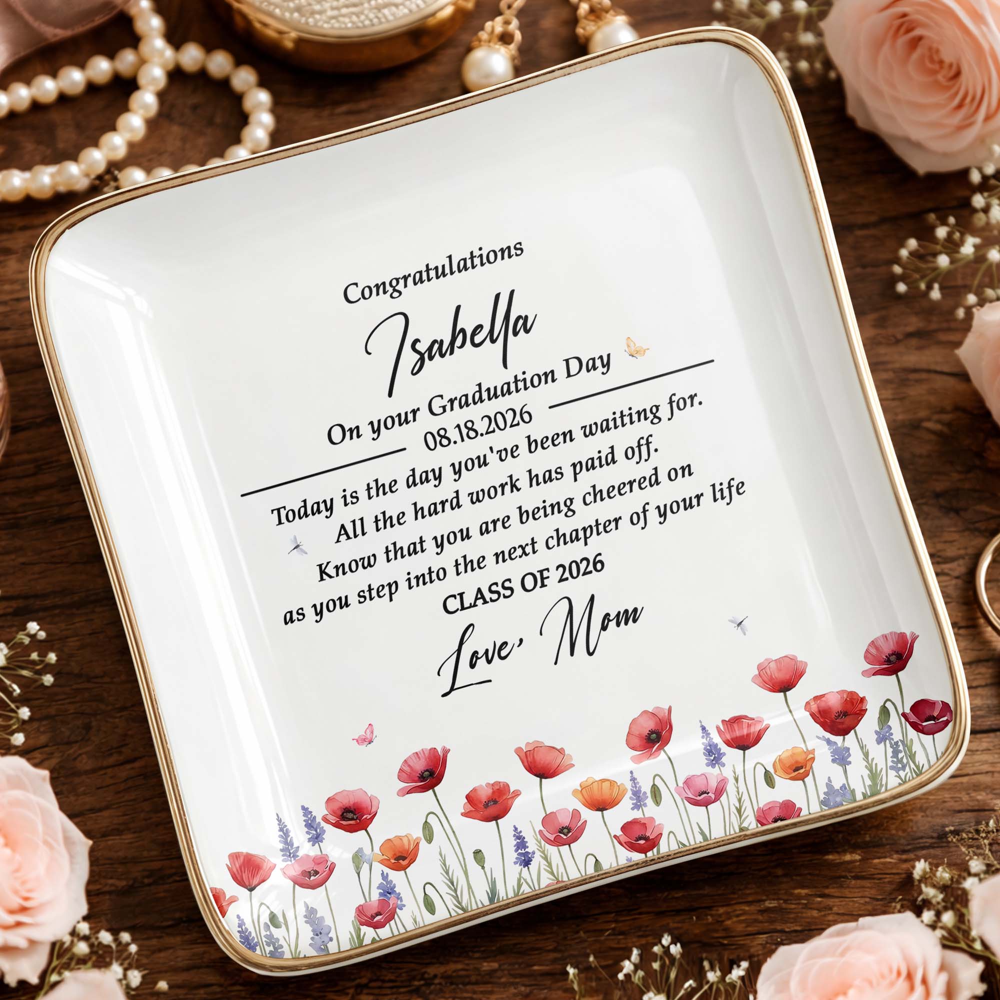 Congratulations On Your Graduation Day With Colorful Birth Month Flowers - Personalized Custom Jewelry Dish, Ceramic Dish, Square Shape - GRAD501_SCRF
