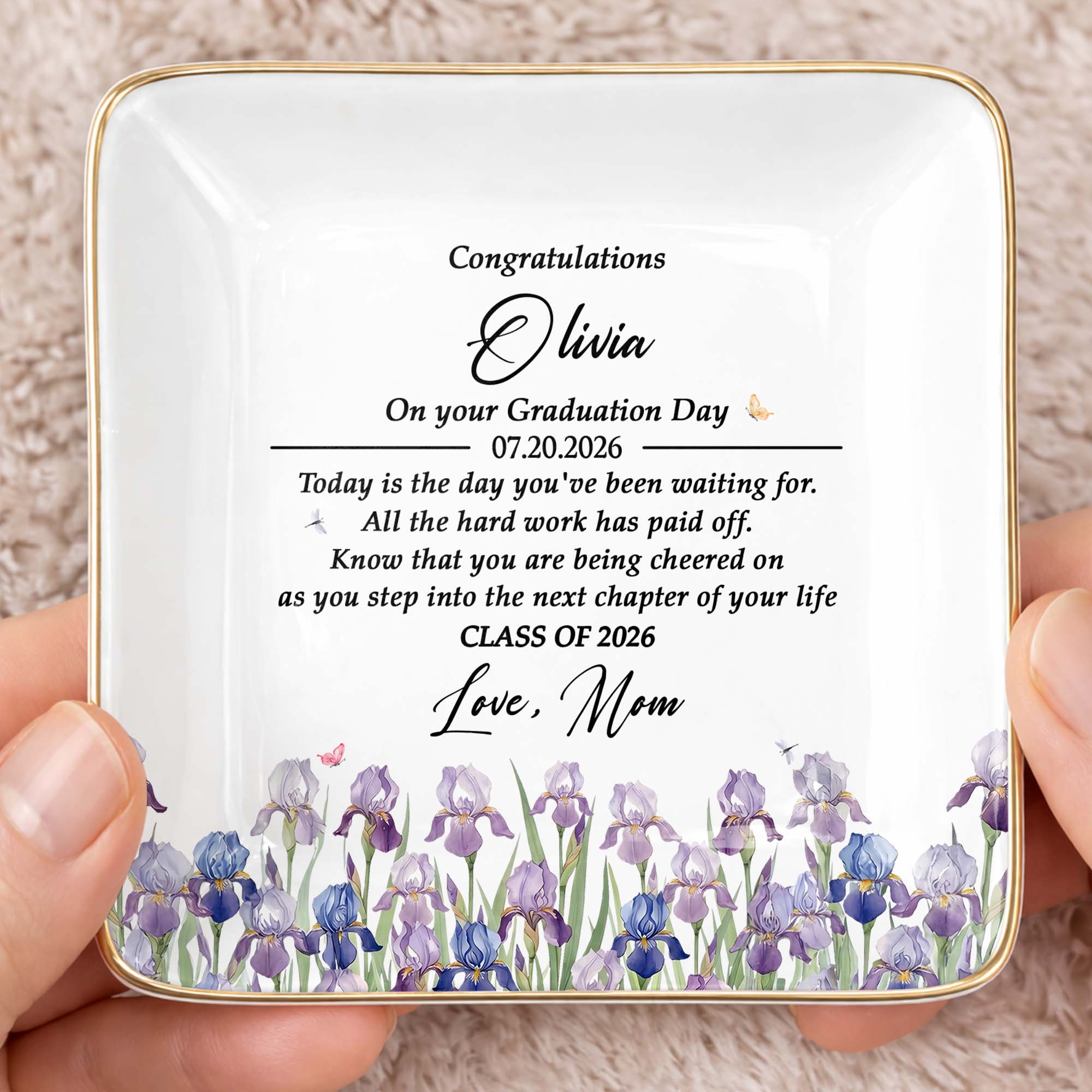 Congratulations On Your Graduation Day With Colorful Birth Month Flowers - Personalized Custom Jewelry Dish, Ceramic Dish, Square Shape - GRAD501_SCRF