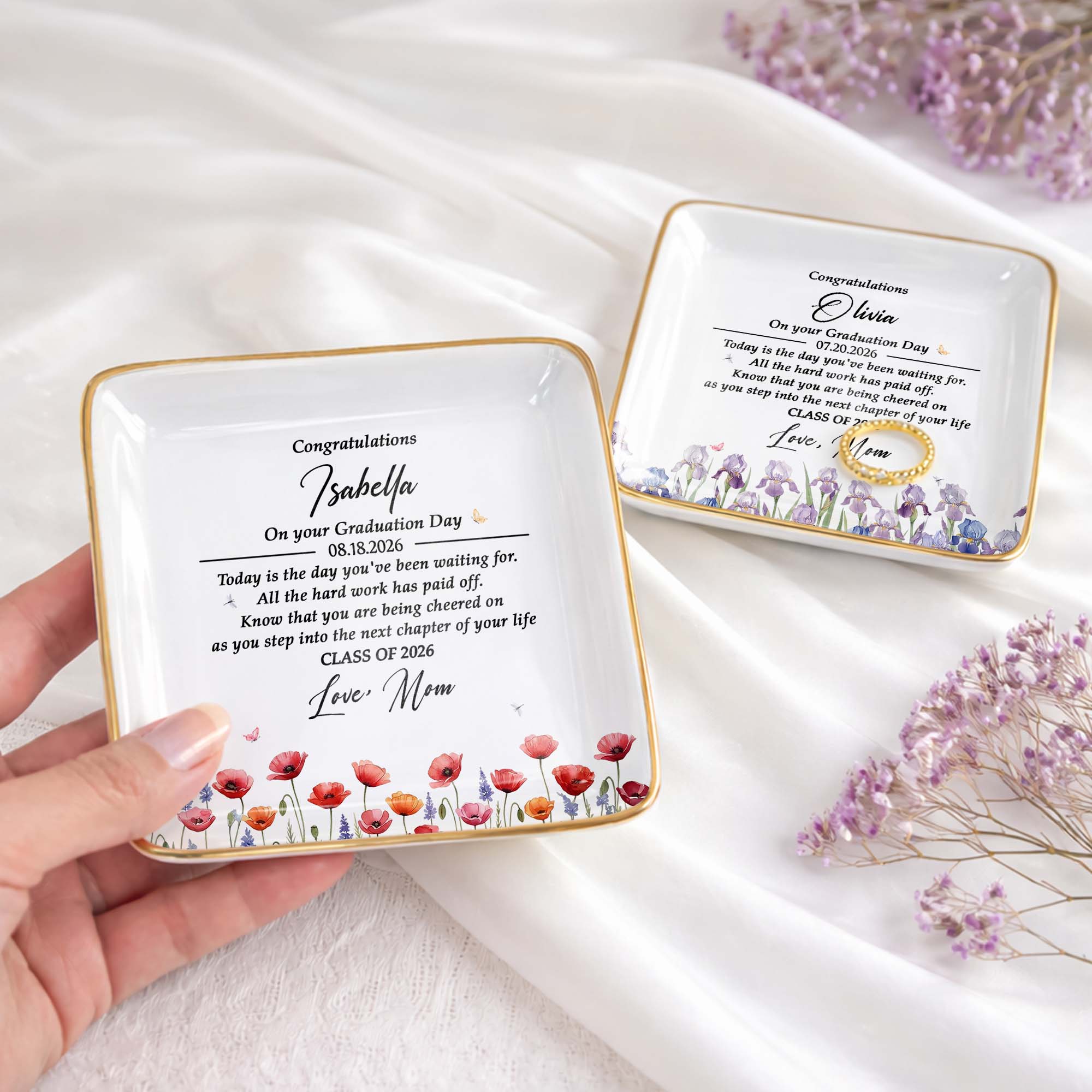 Congratulations On Your Graduation Day With Colorful Birth Month Flowers - Personalized Custom Jewelry Dish, Ceramic Dish, Square Shape - GRAD501_SCRF