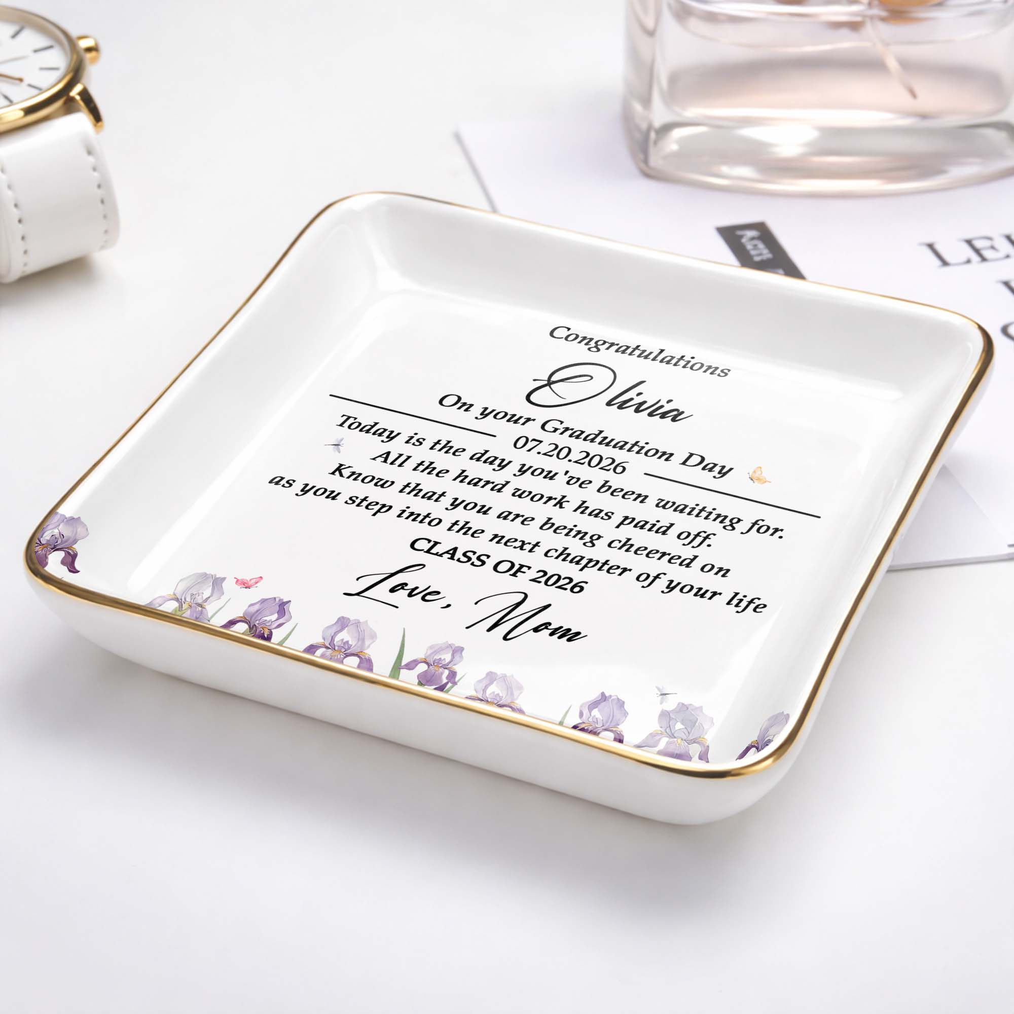 Congratulations On Your Graduation Day With Colorful Birth Month Flowers - Personalized Custom Jewelry Dish, Ceramic Dish, Square Shape - GRAD501_SCRF