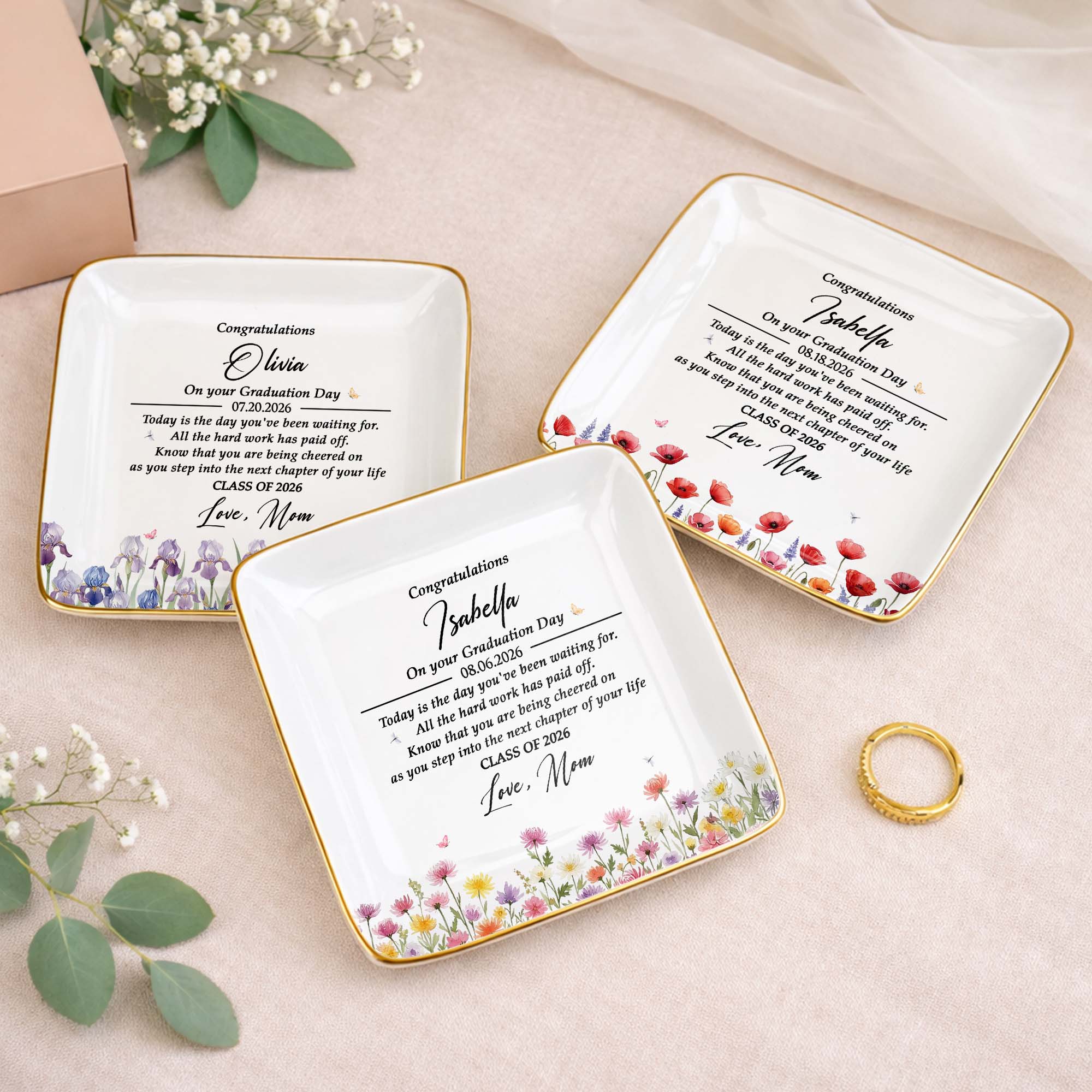 Congratulations On Your Graduation Day With Colorful Birth Month Flowers - Personalized Custom Jewelry Dish, Ceramic Dish, Square Shape - GRAD501_SCRF