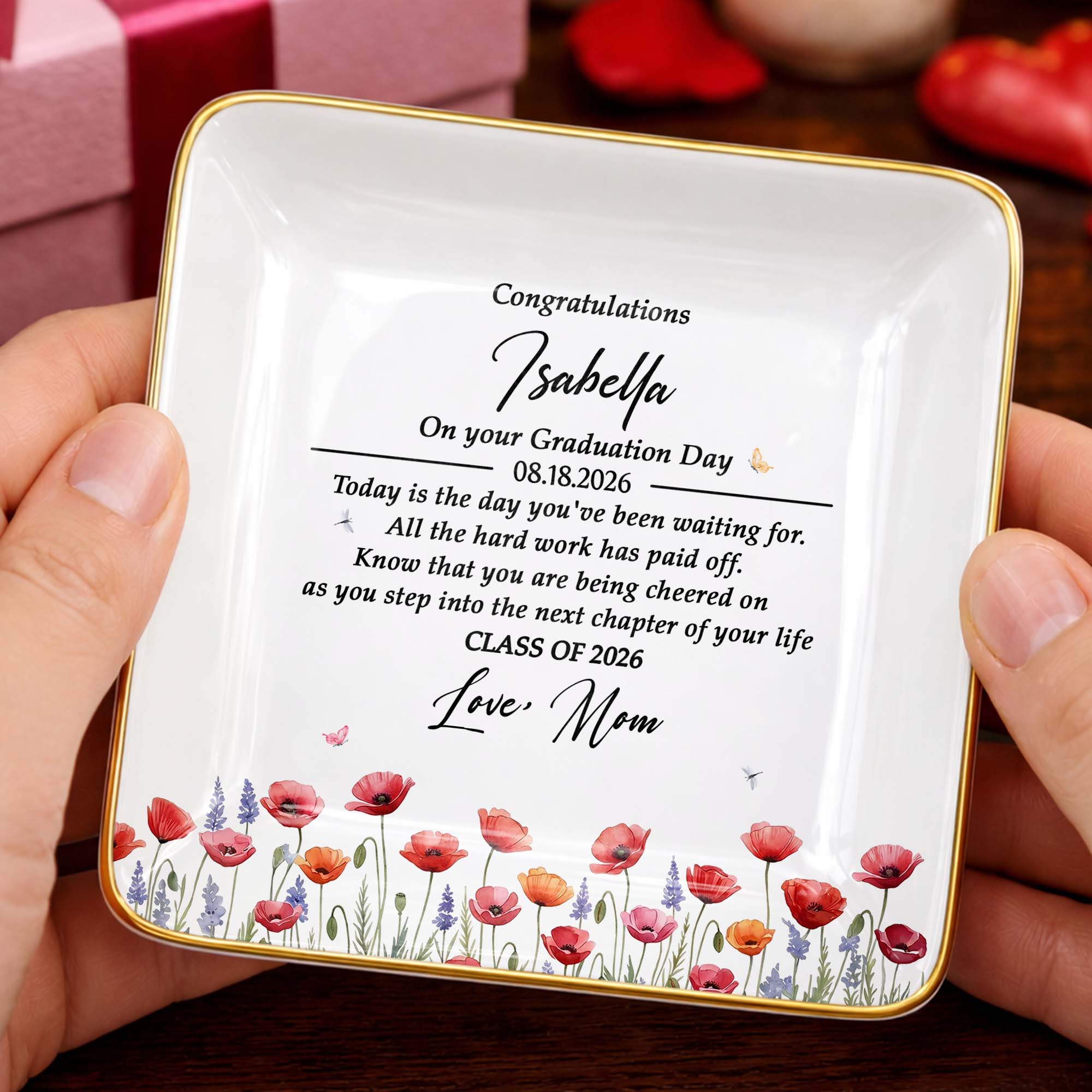 Congratulations On Your Graduation Day With Colorful Birth Month Flowers - Personalized Custom Jewelry Dish, Ceramic Dish, Square Shape - GRAD501_SCRF